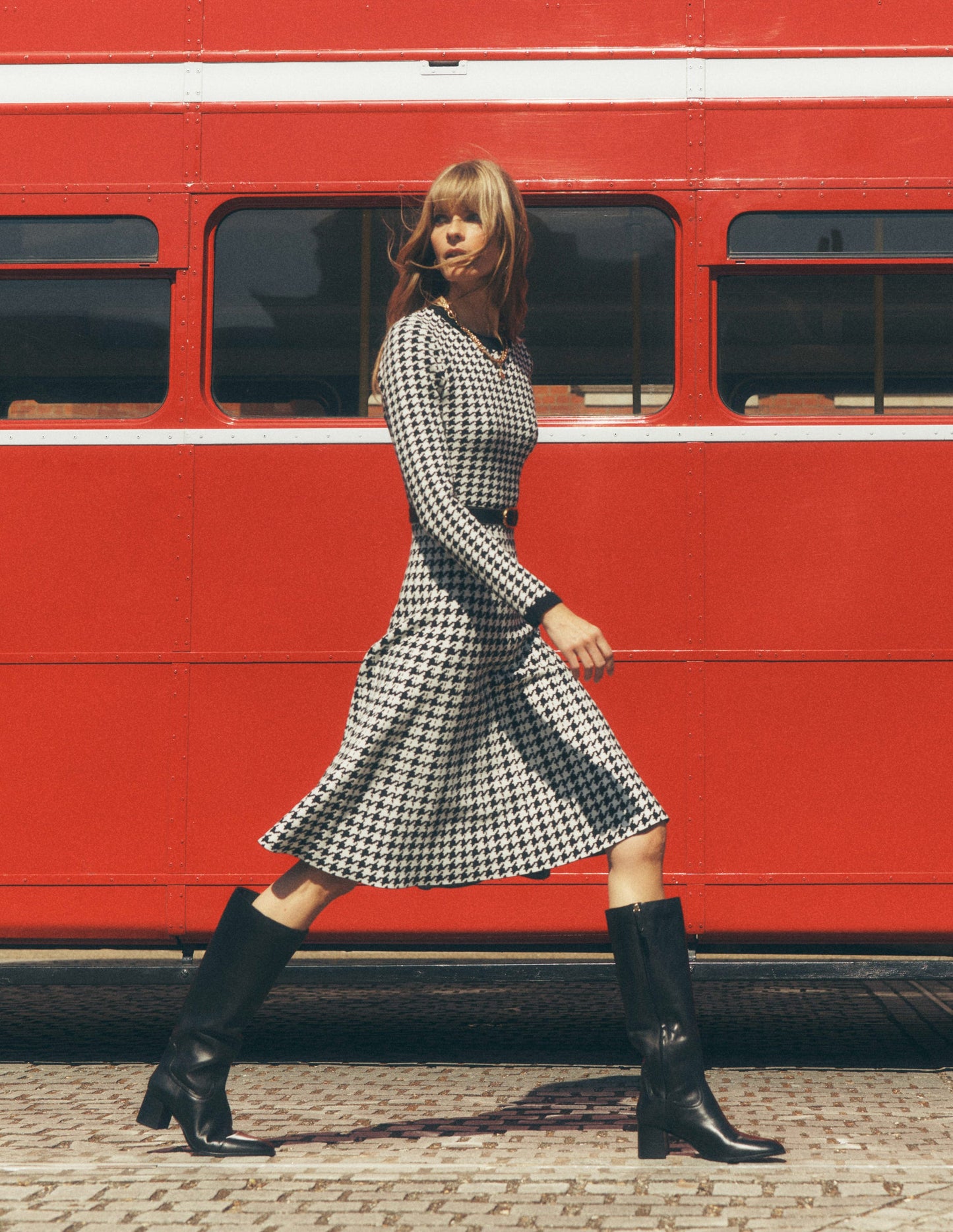 Maria Button Knitted Dress-Black and Ivory Dogstooth