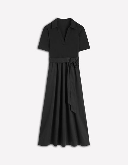 Collar Detail Mix Midi Dress-Black-5