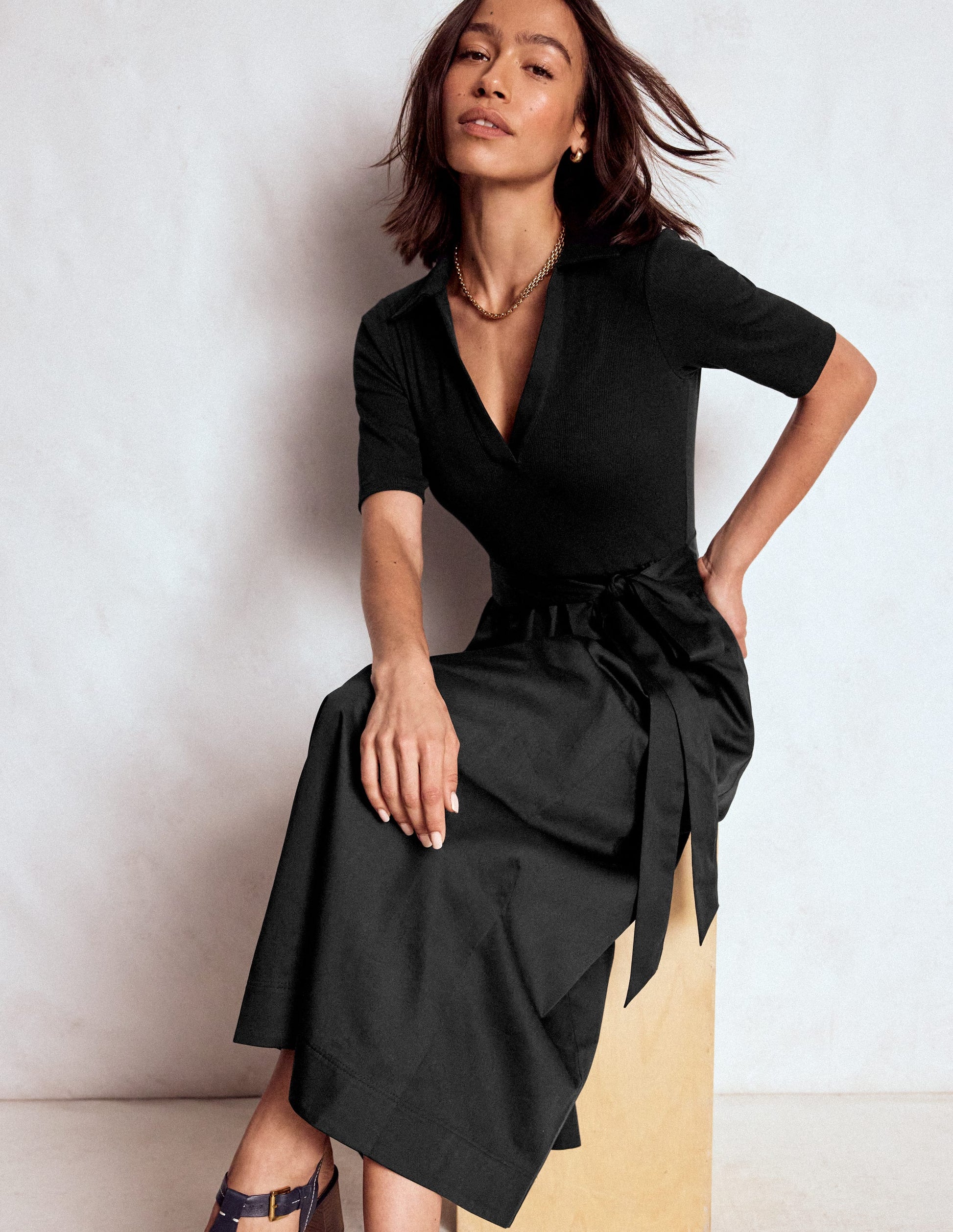 Collar Detail Mix Midi Dress-Black-2