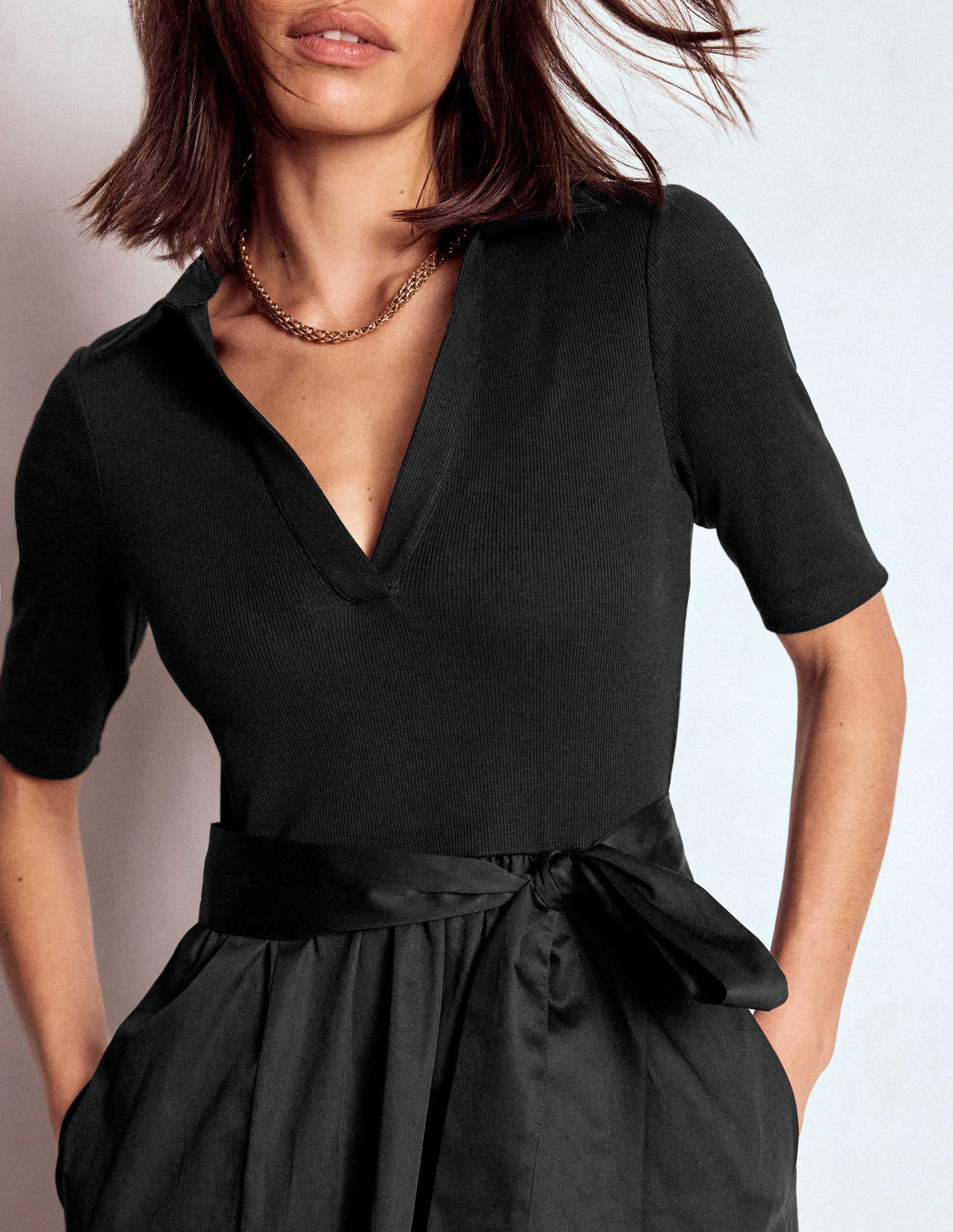 Collar Detail Mix Midi Dress-Black-3