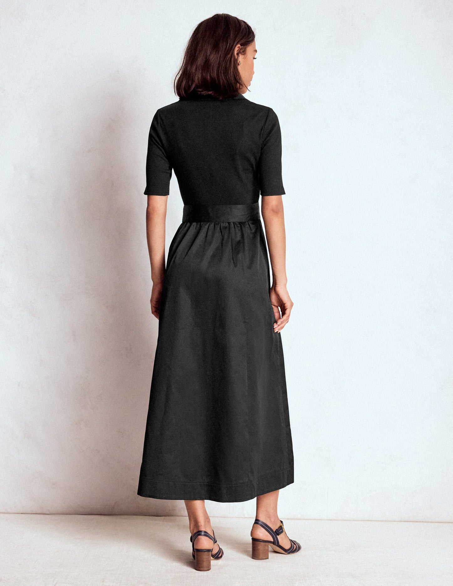 Collar Detail Mix Midi Dress-Black