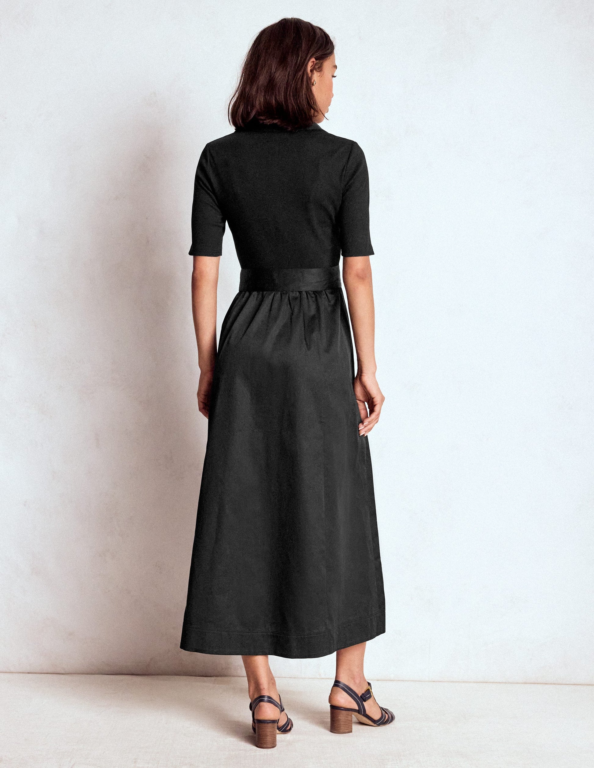 Collar Detail Mix Midi Dress-Black-4