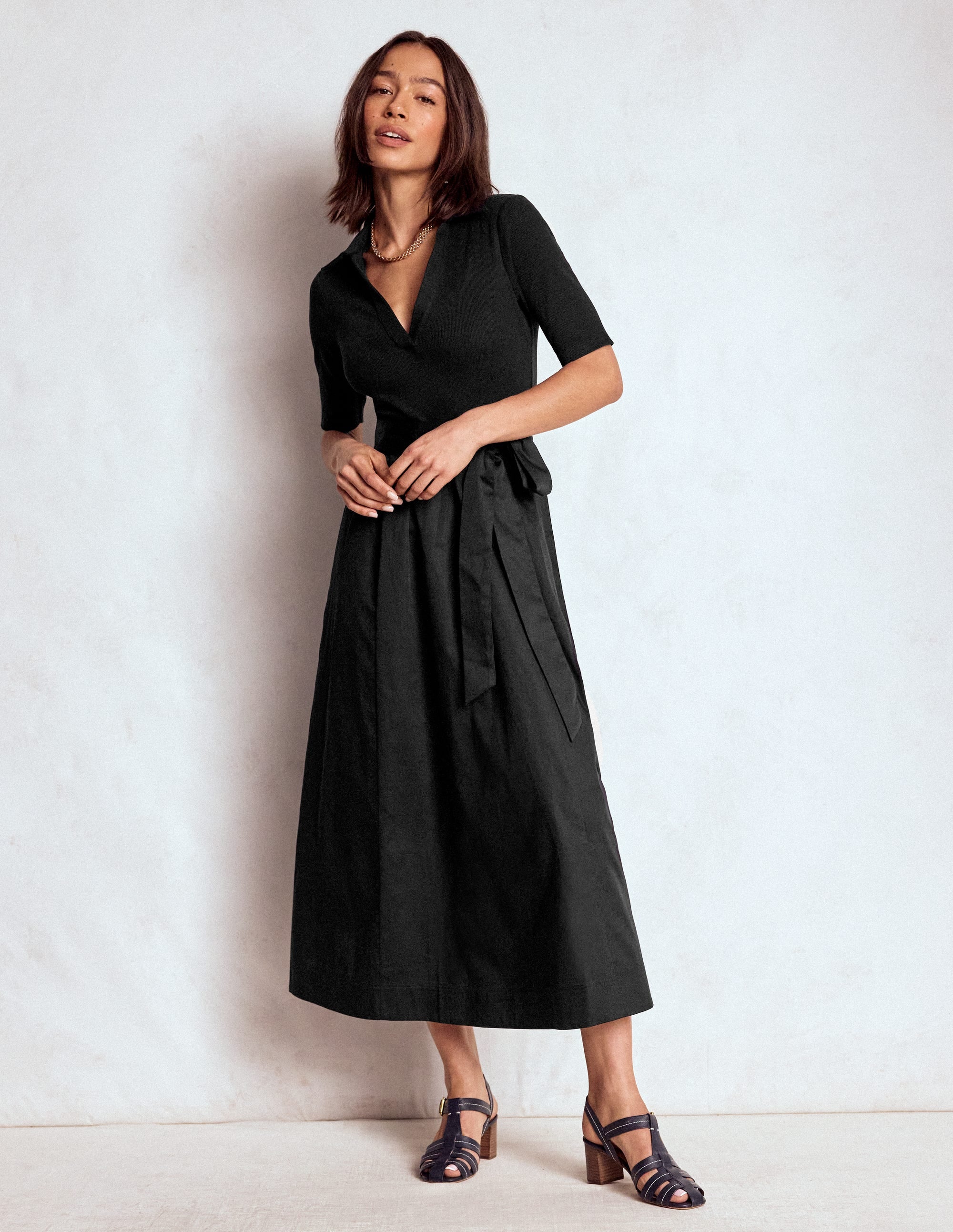Collar Detail Mix Midi Dress-Black - Image 1