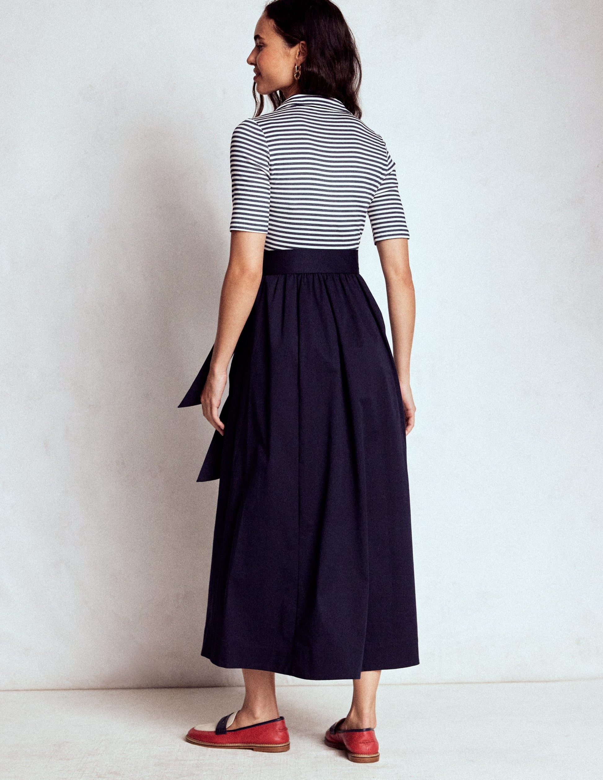 Collar Detail Mix Midi Dress-Navy, Ivory Stripe-3
