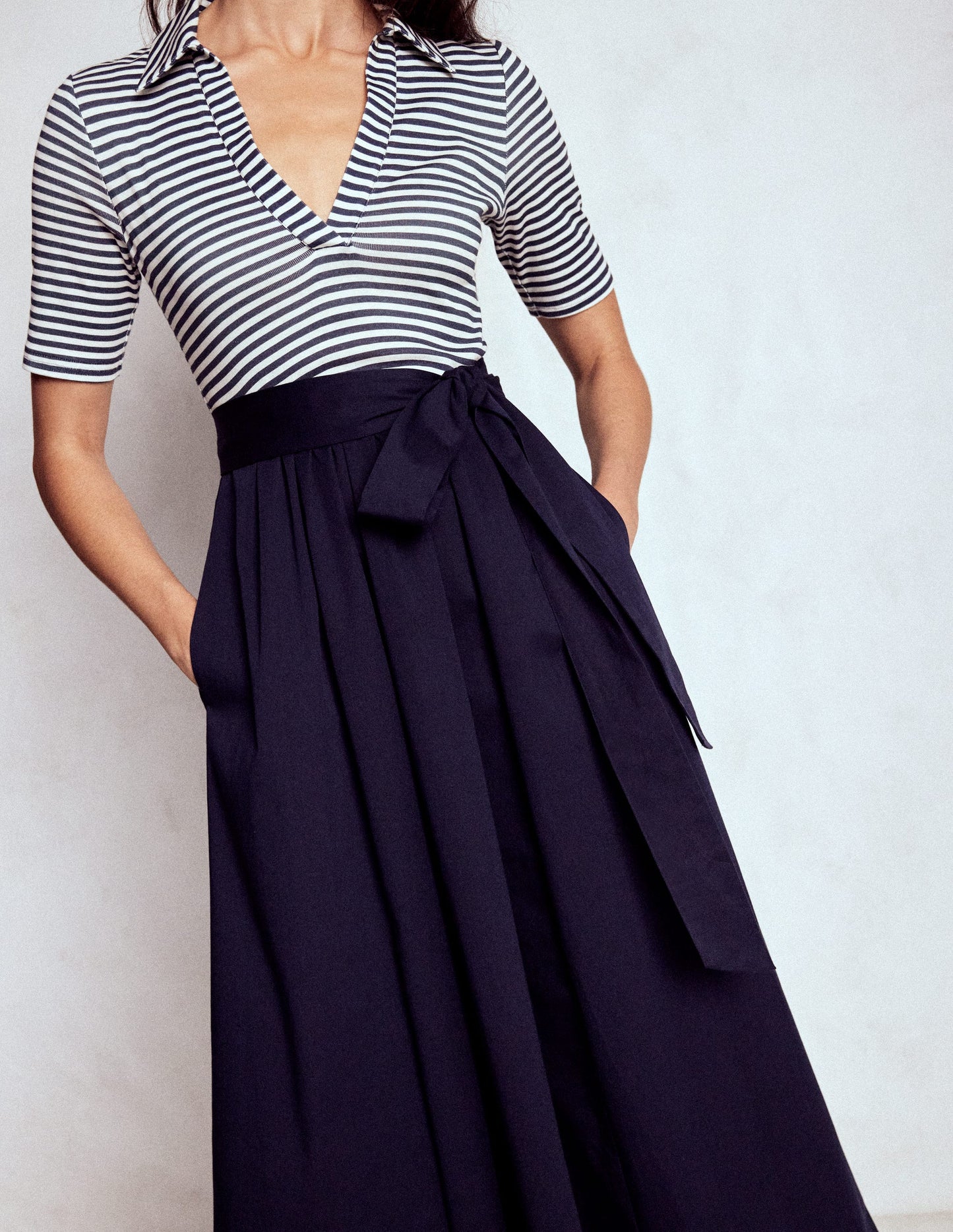 Collar Detail Mix Midi Dress-Navy, Ivory Stripe