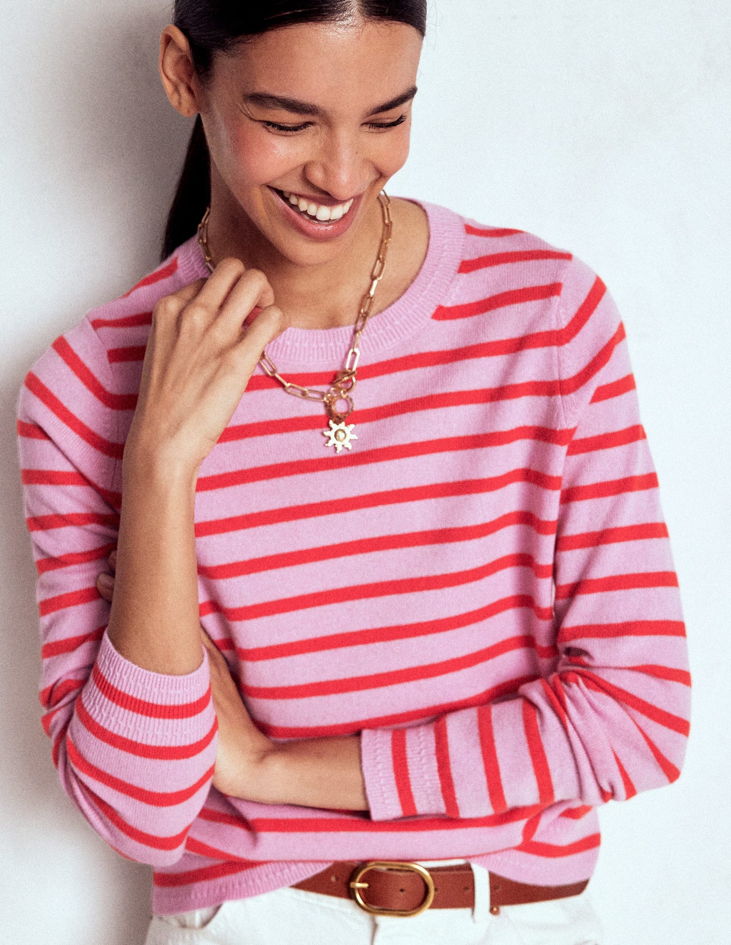 Eva Cashmere Crew Neck Sweater-Pink/ Orange Stripe