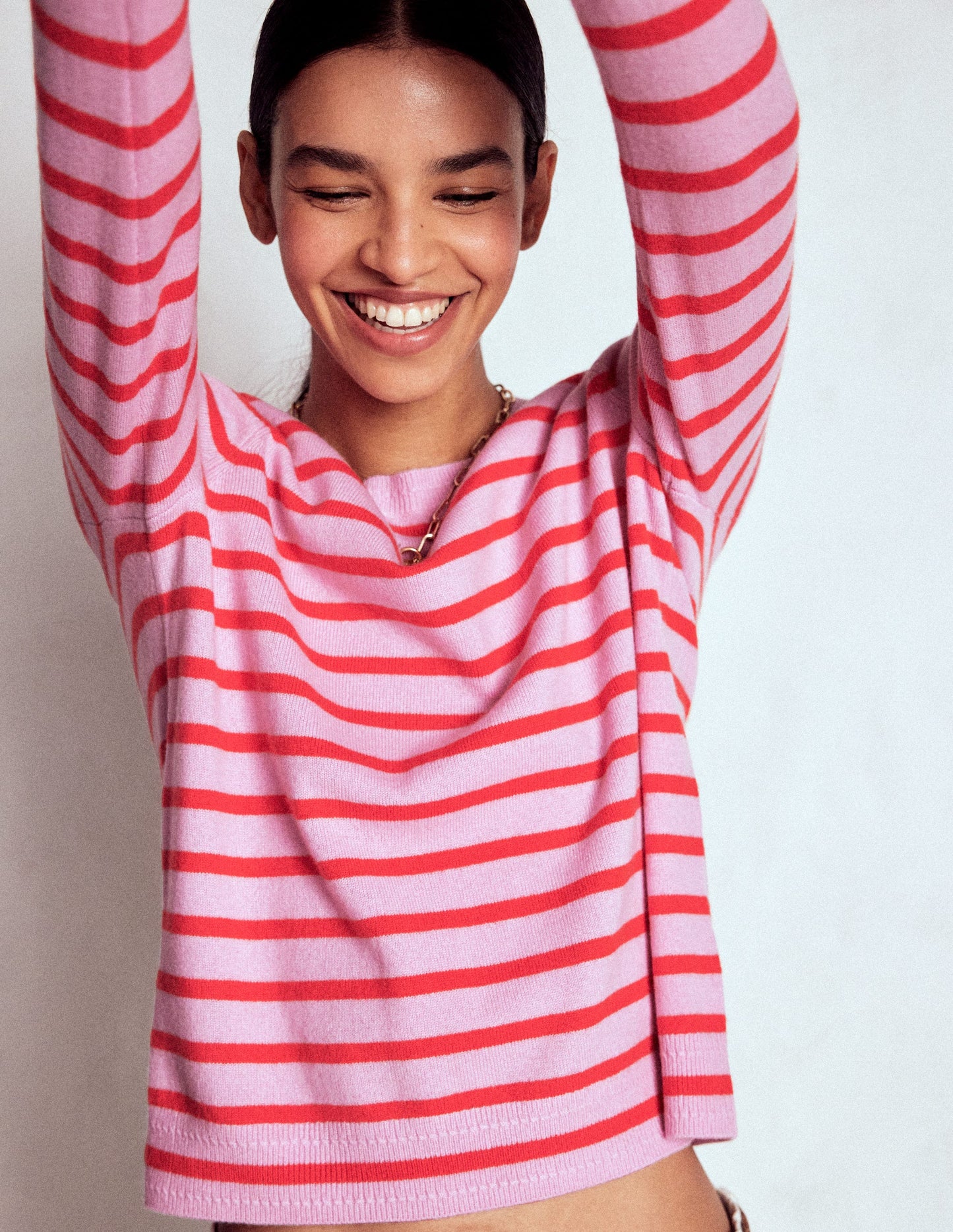 Eva Cashmere Crew Neck Sweater-Pink/ Orange Stripe