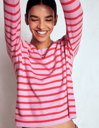 Eva Cashmere Crew Neck Sweater-Pink/ Orange Stripe-2