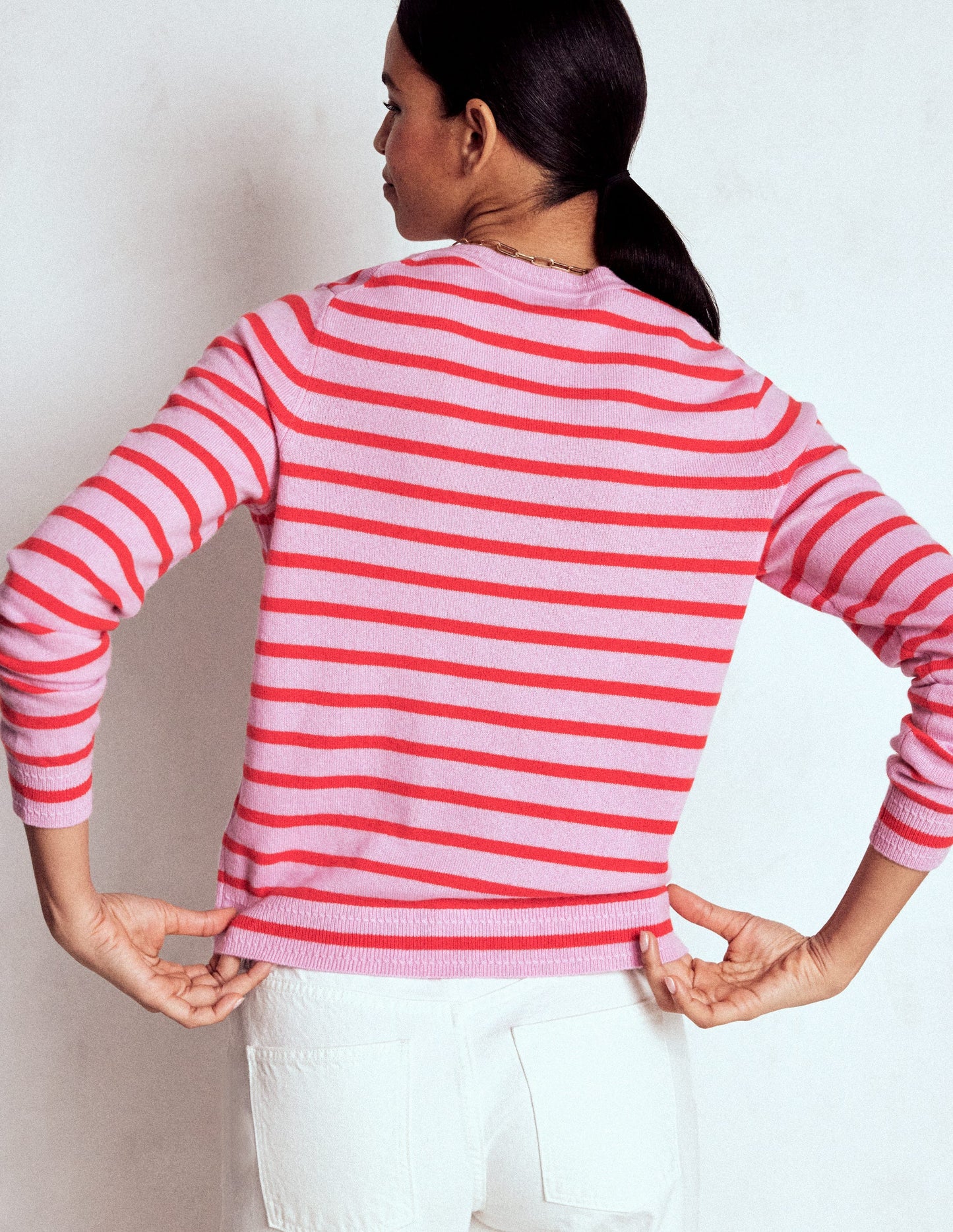 Eva Cashmere Crew Neck Sweater-Pink/ Orange Stripe