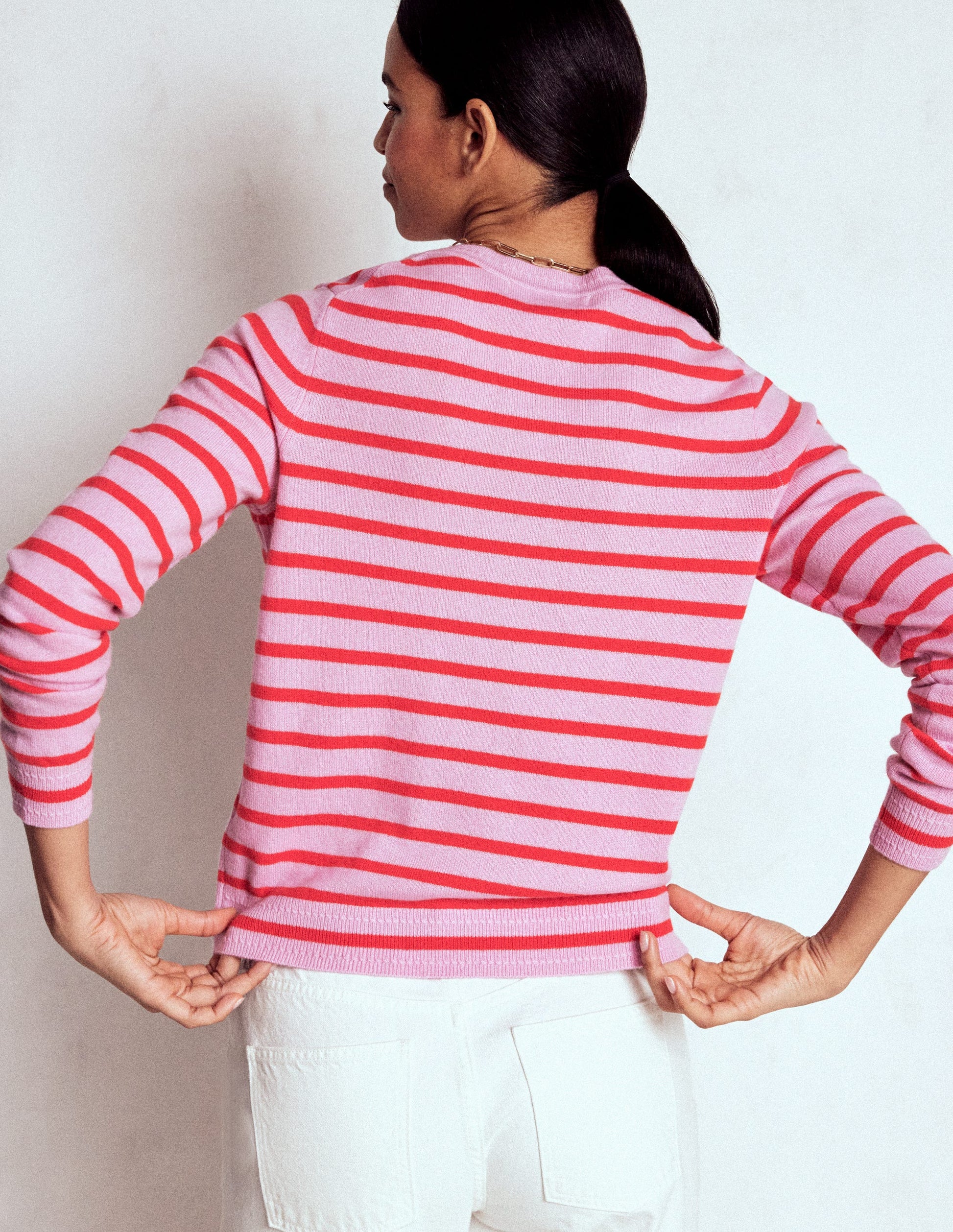 Eva Cashmere Crew Neck Sweater-Pink/ Orange Stripe-3