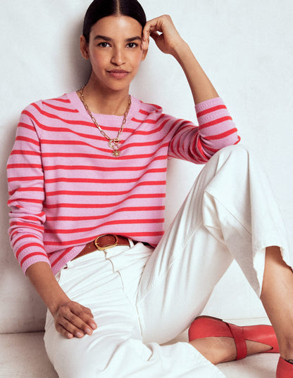 Eva Cashmere Crew Neck Sweater-Pink/ Orange Stripe-4