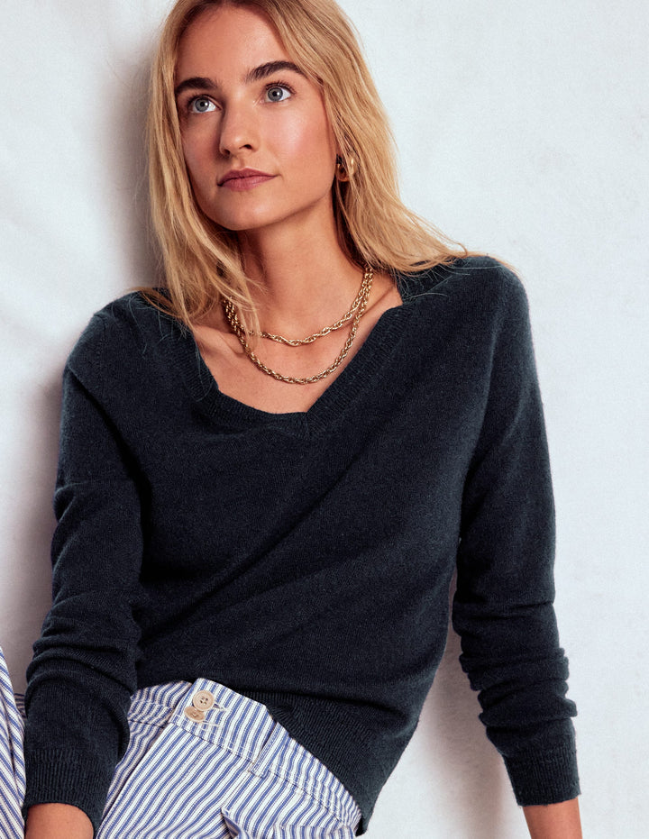 Eva Cashmere V-Neck Sweater-Navy