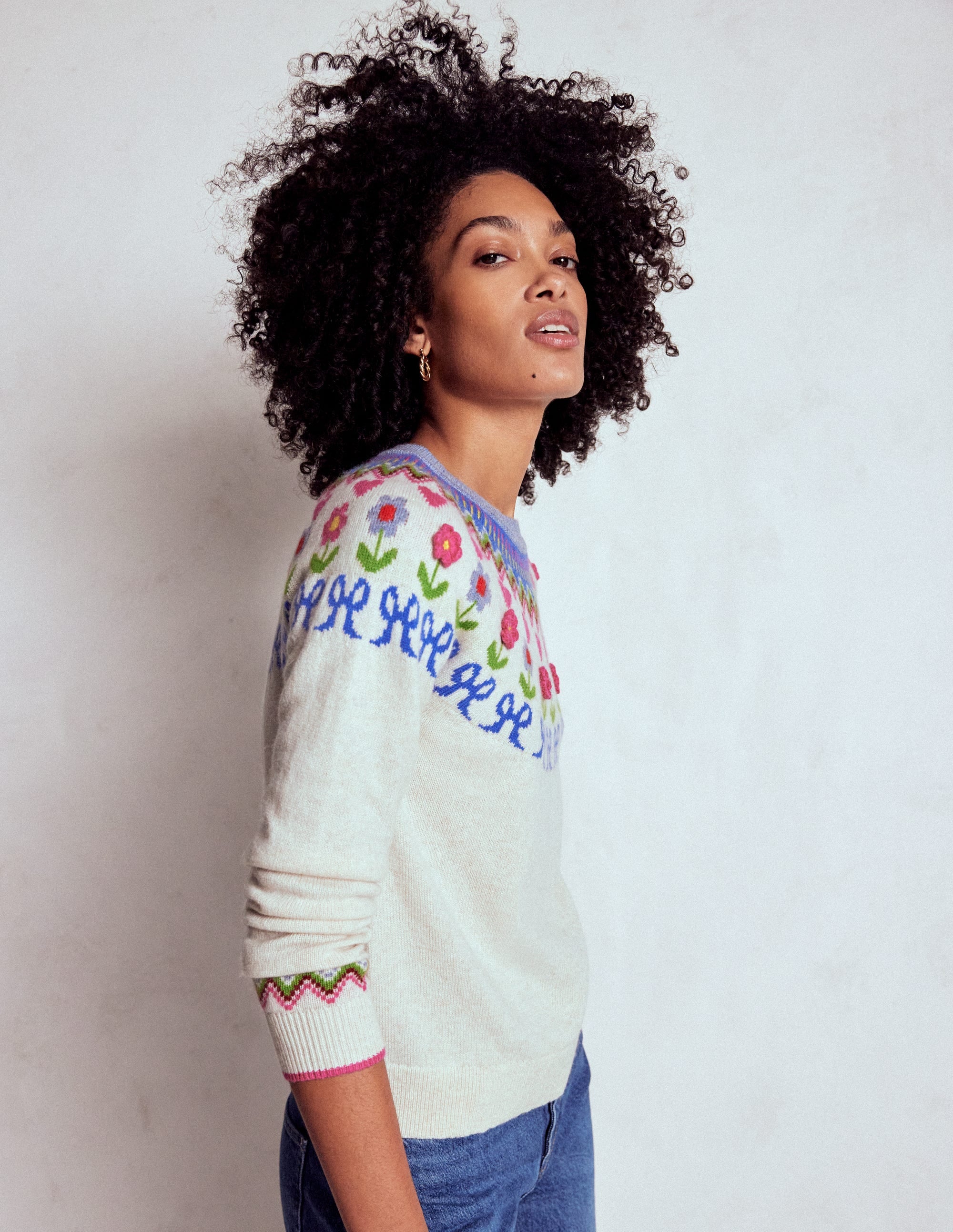 Edie Fair Isle Sweater-Oatmeal Melange, Flowers - Image 1