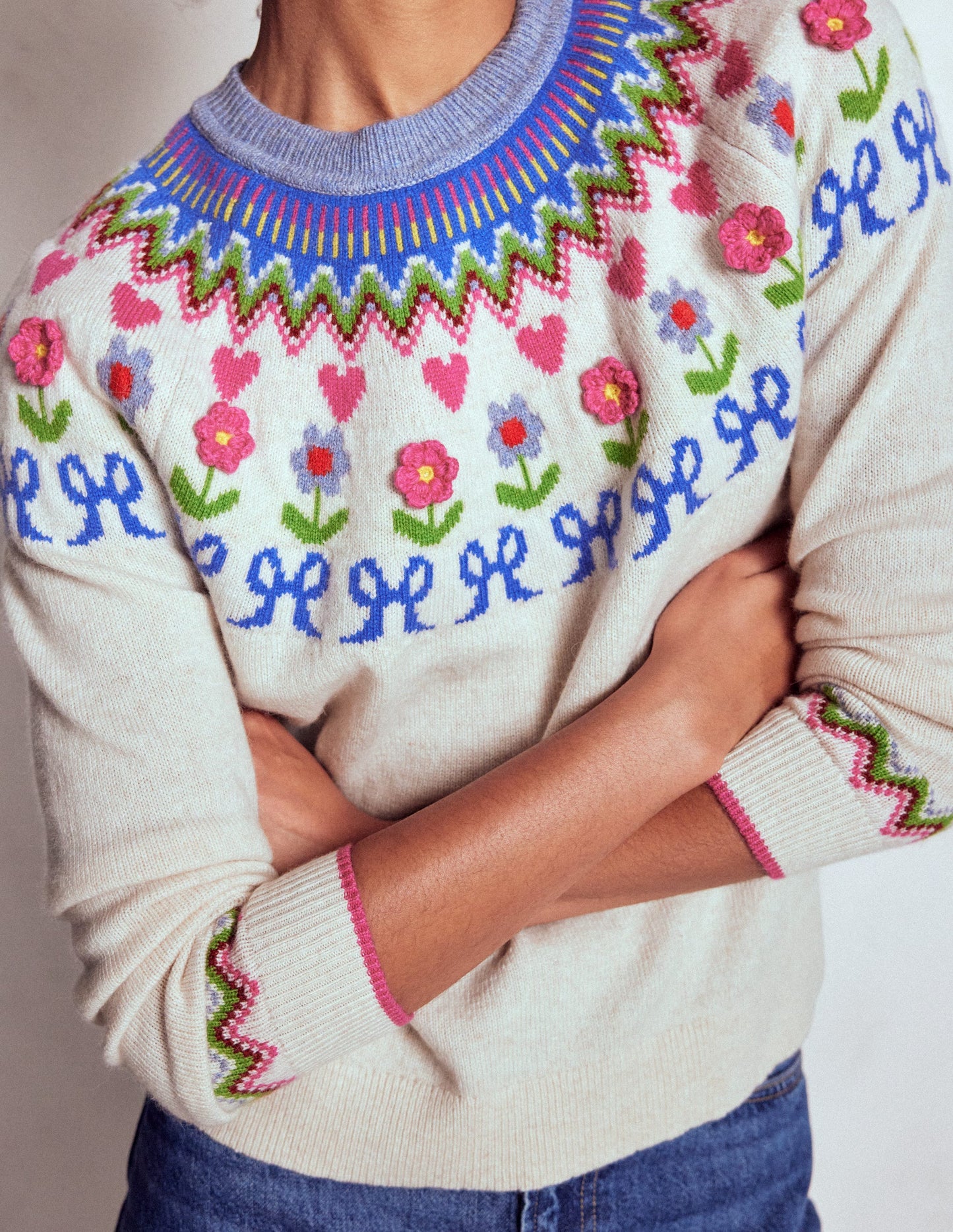 Edie Fair Isle Sweater-Oatmeal Melange, Flowers