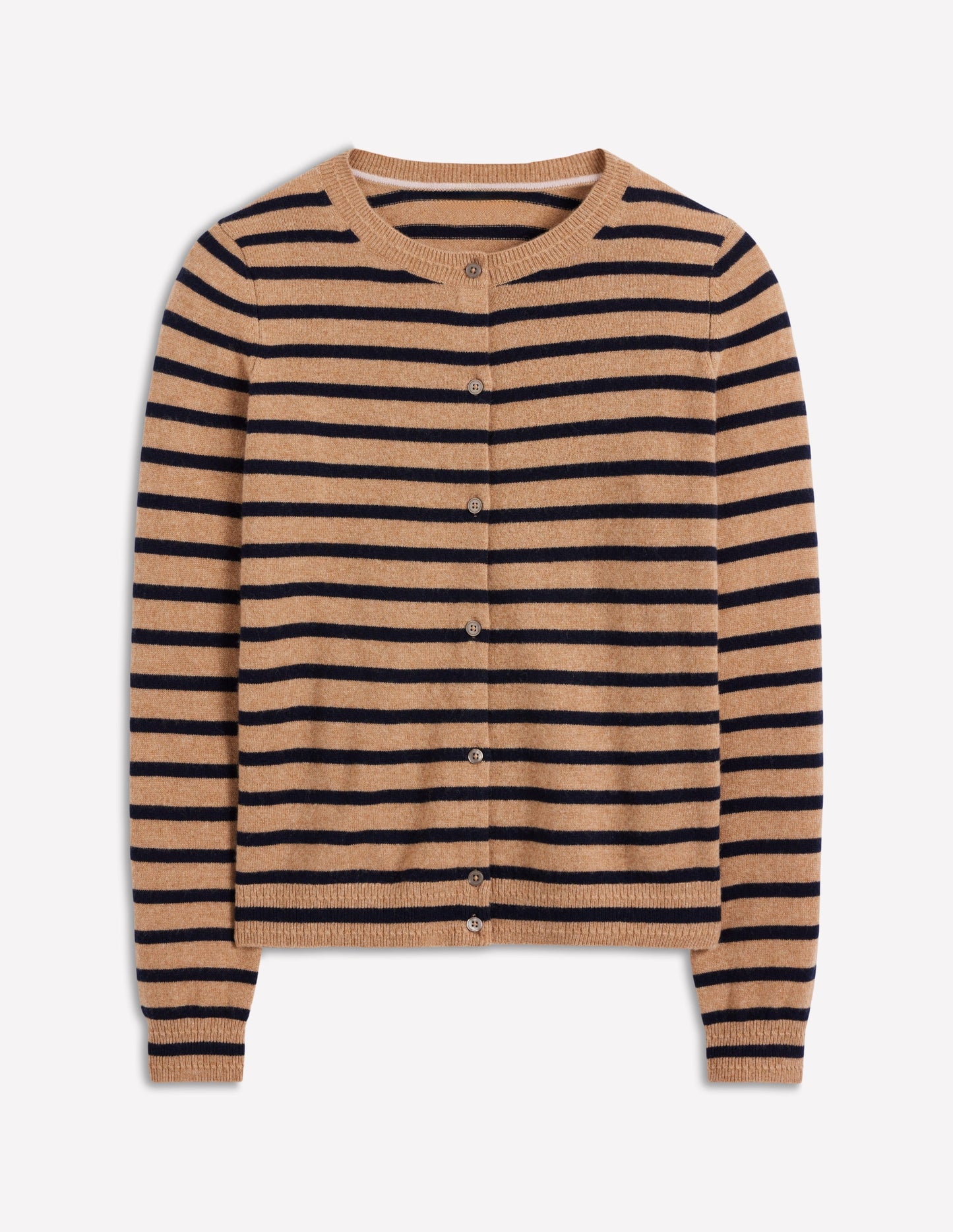 Eva Cashmere Crew Cardigan-Camel Melange/Navy Stripe