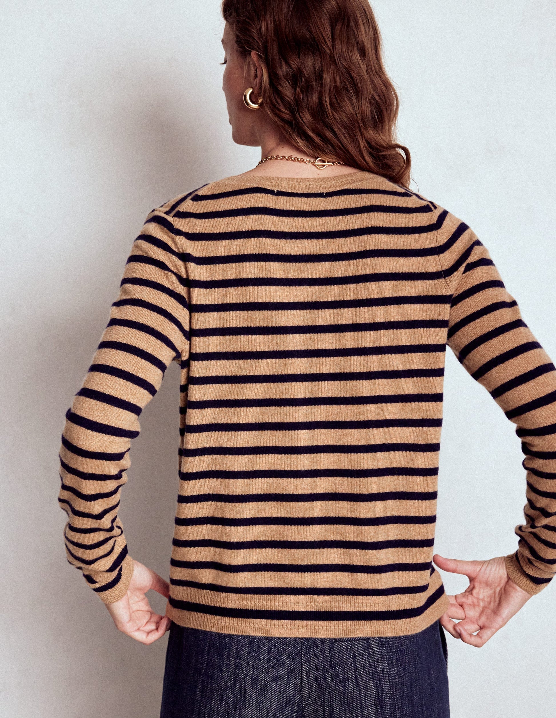 Eva Cashmere Crew Cardigan-Camel Melange/Navy Stripe-4