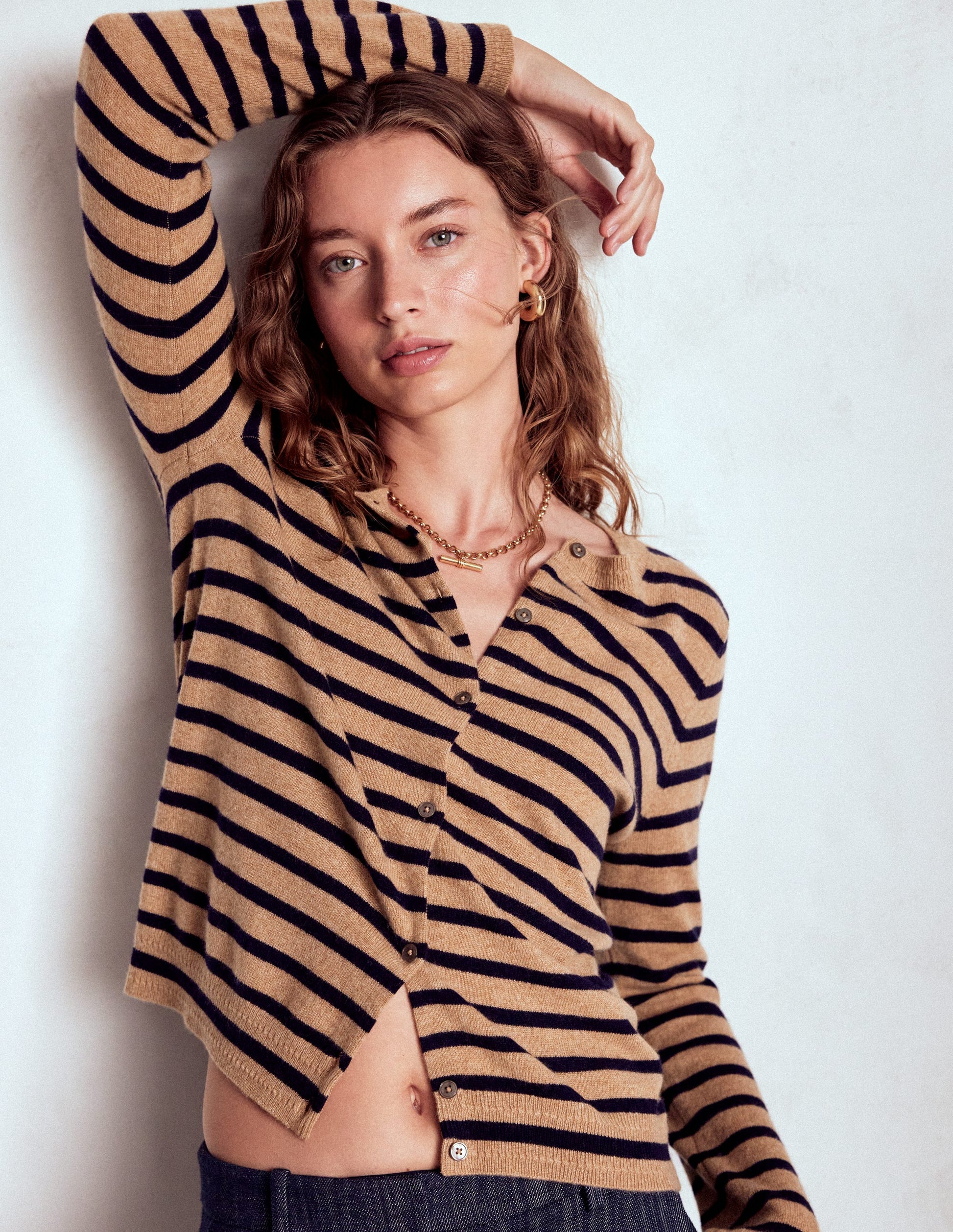 Eva Cashmere Crew Cardigan-Camel Melange/Navy Stripe-5