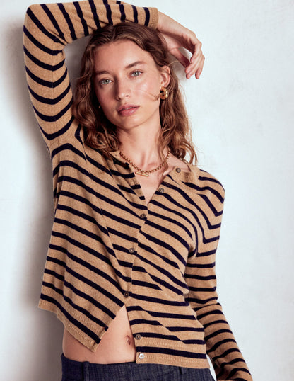 Eva Cashmere Crew Cardigan-Camel Melange/Navy Stripe-5