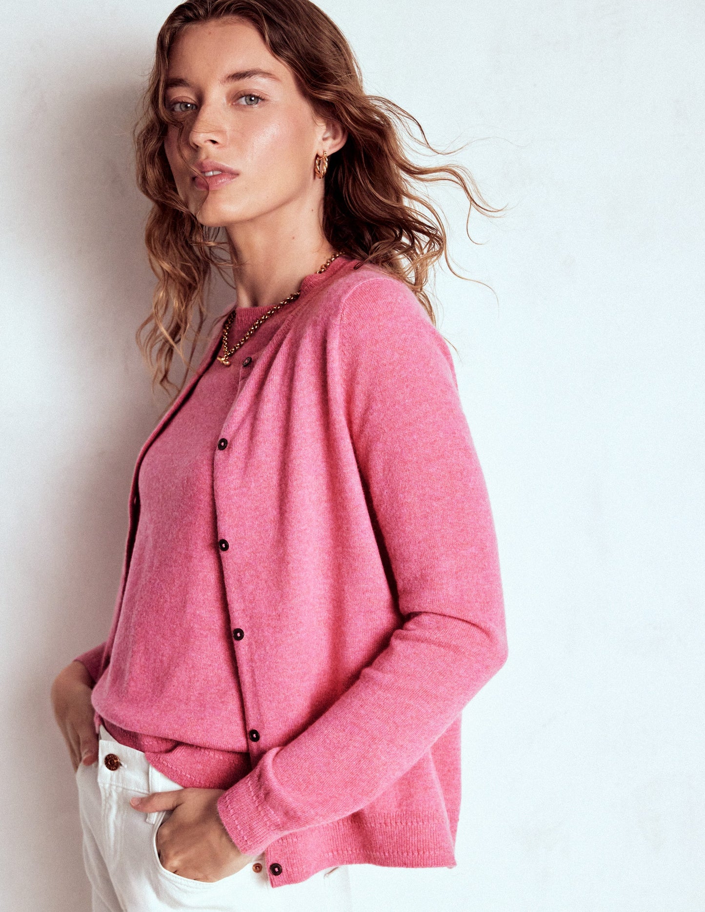 Eva Cashmere Crew Cardigan-Rose Pink Melange