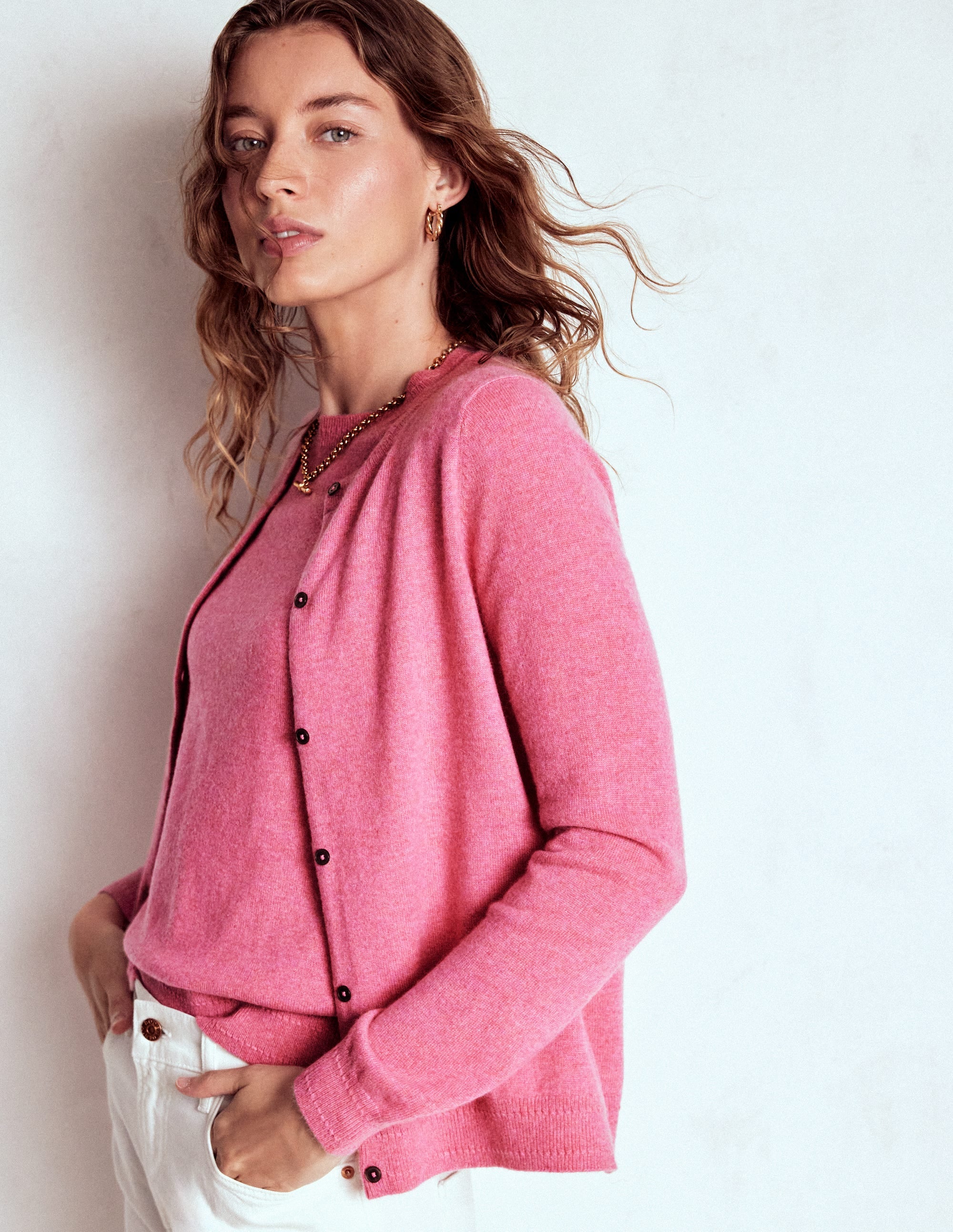 Eva Cashmere Crew Cardigan-Rose Pink Melange - Image 1