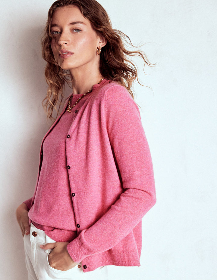 Eva Cashmere Crew Cardigan-Rose Pink Melange