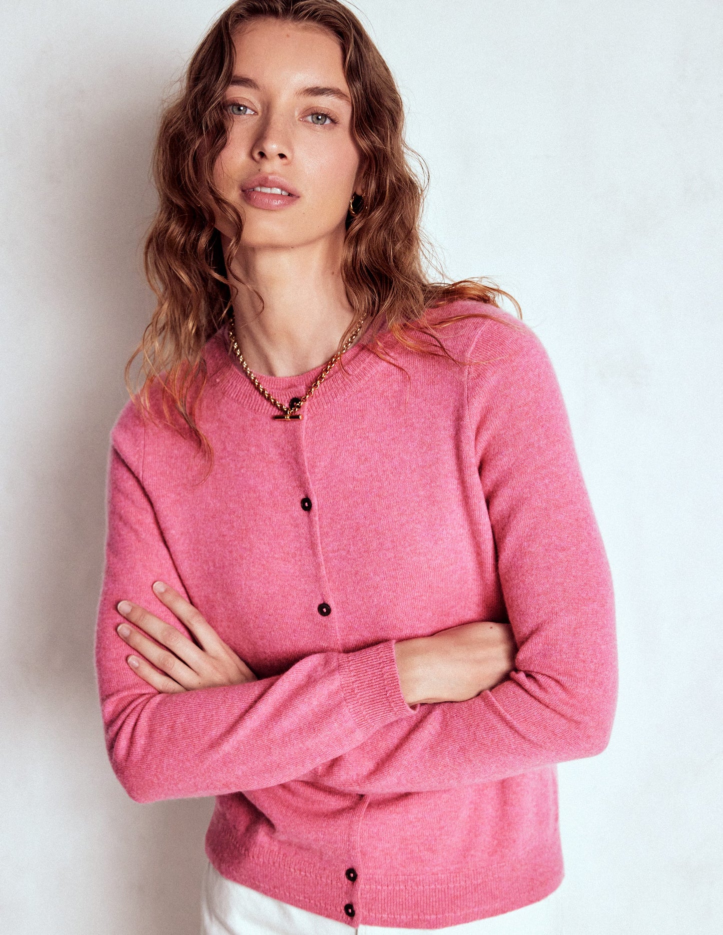 Eva Cashmere Crew Cardigan-Rose Pink Melange