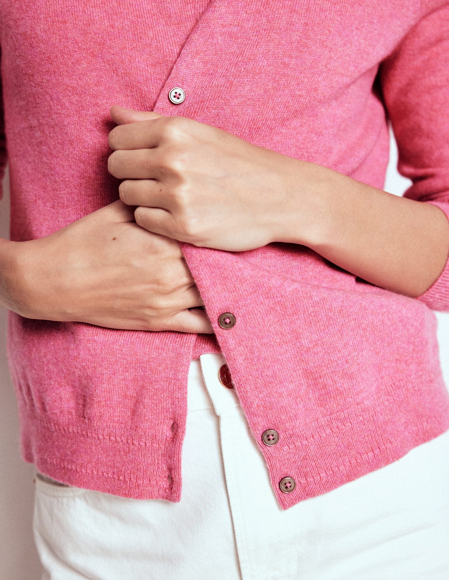 Eva Cashmere Crew Cardigan-Rose Pink Melange