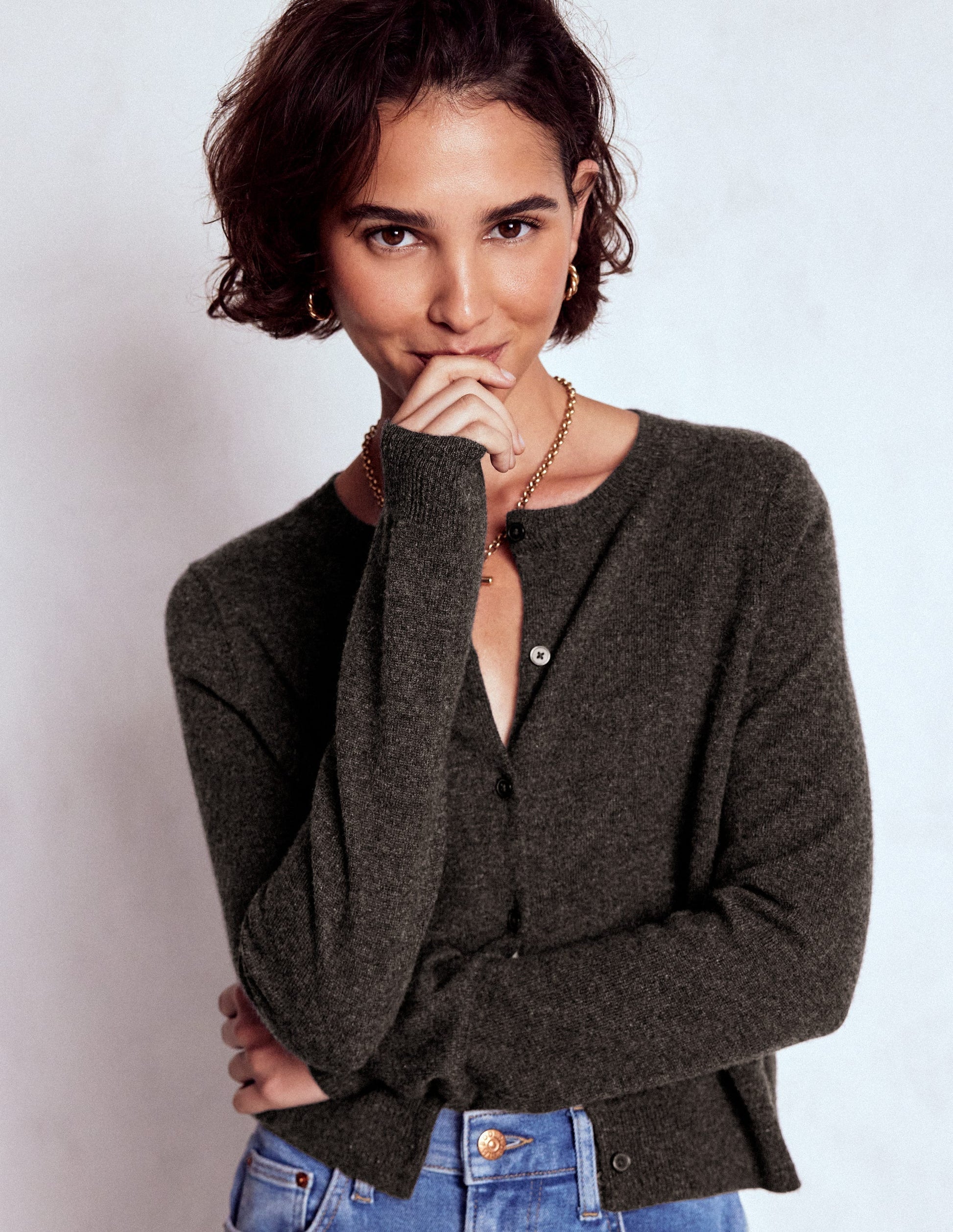 Eva Cashmere Cropped Cardigan-Charcoal Melange-1