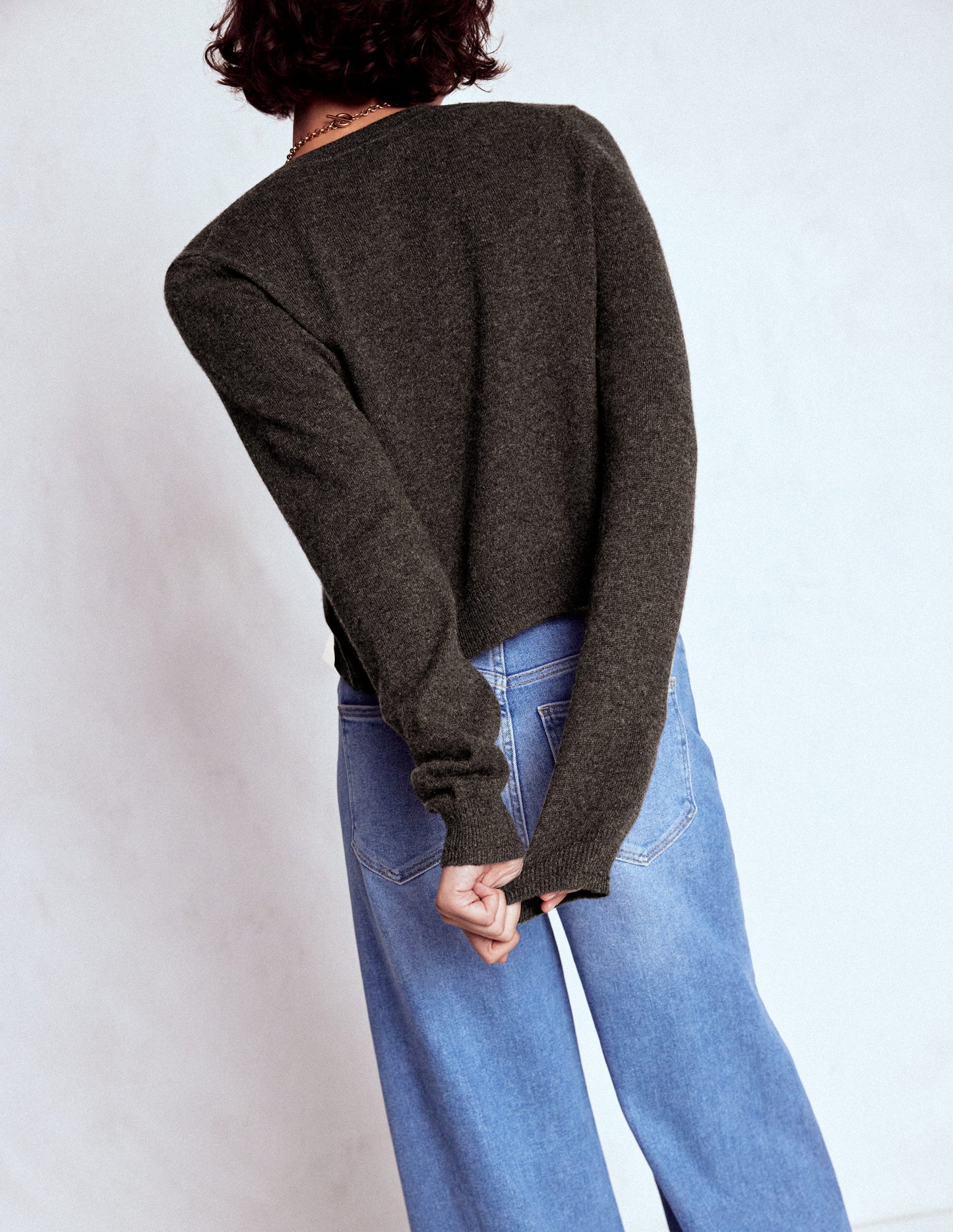 Eva Cashmere Cropped Cardigan-Charcoal Melange