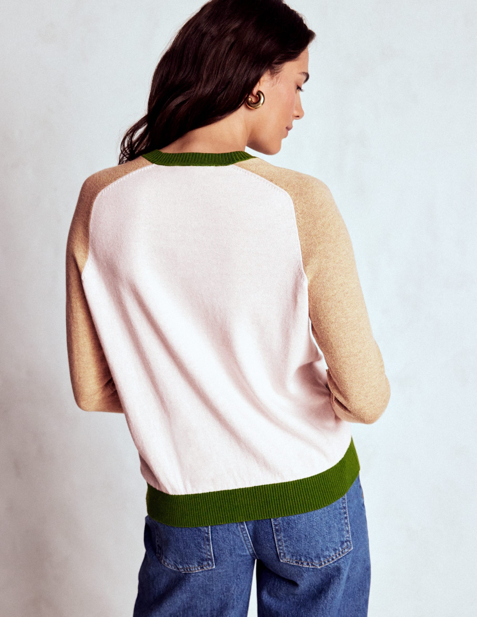 Meg Saddle Sleeve Sweater-Pink, Green Colour Block - Image 3