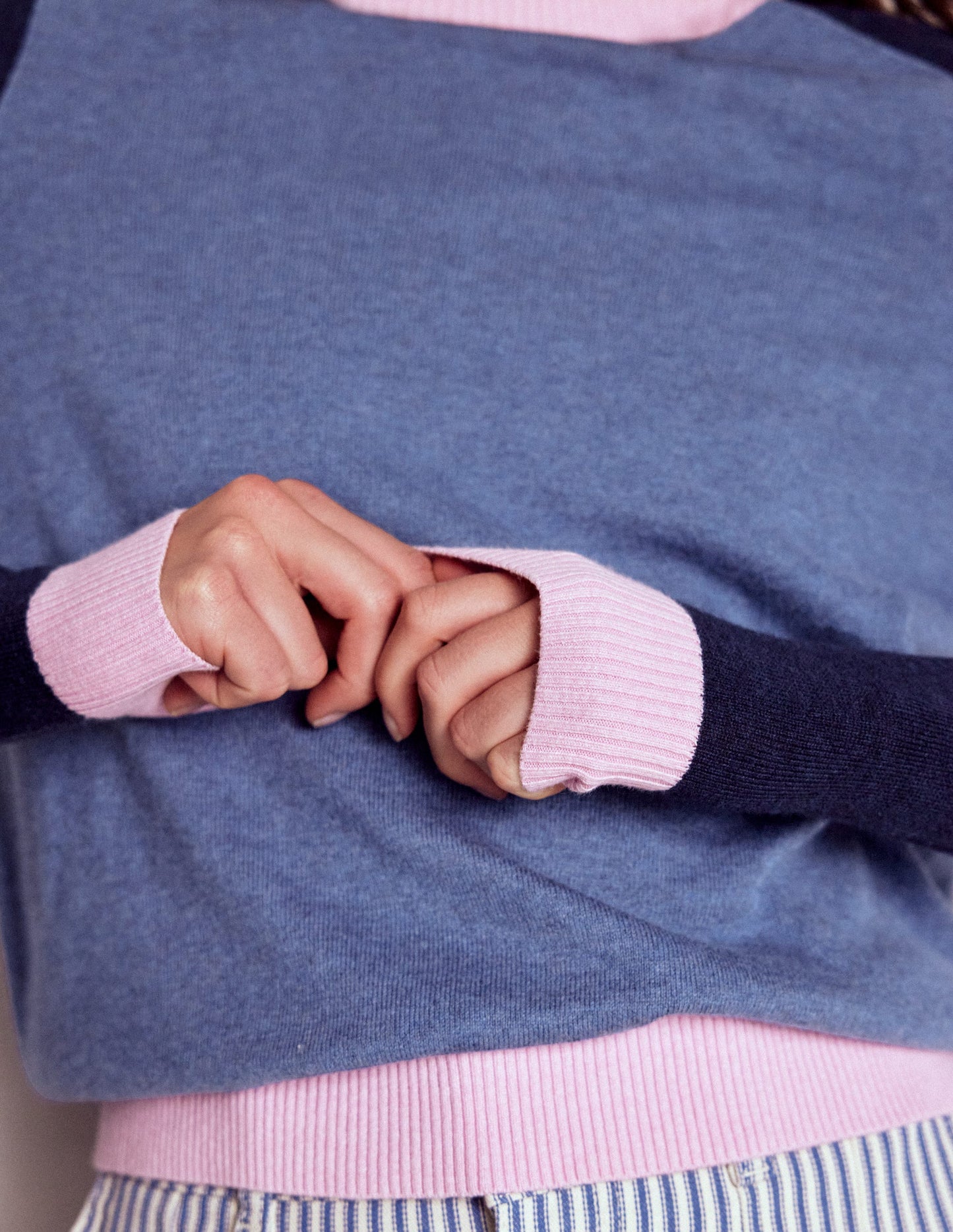 Meg Saddle Sleeve Sweater-Blue, Pink Colour Block