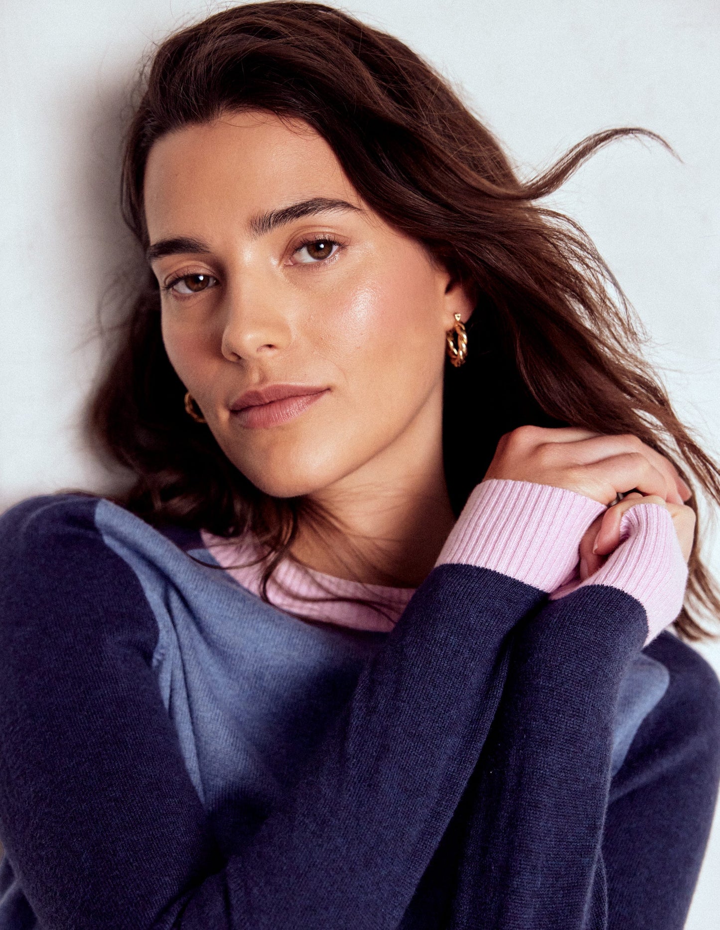 Meg Saddle Sleeve Sweater-Blue, Pink Colour Block