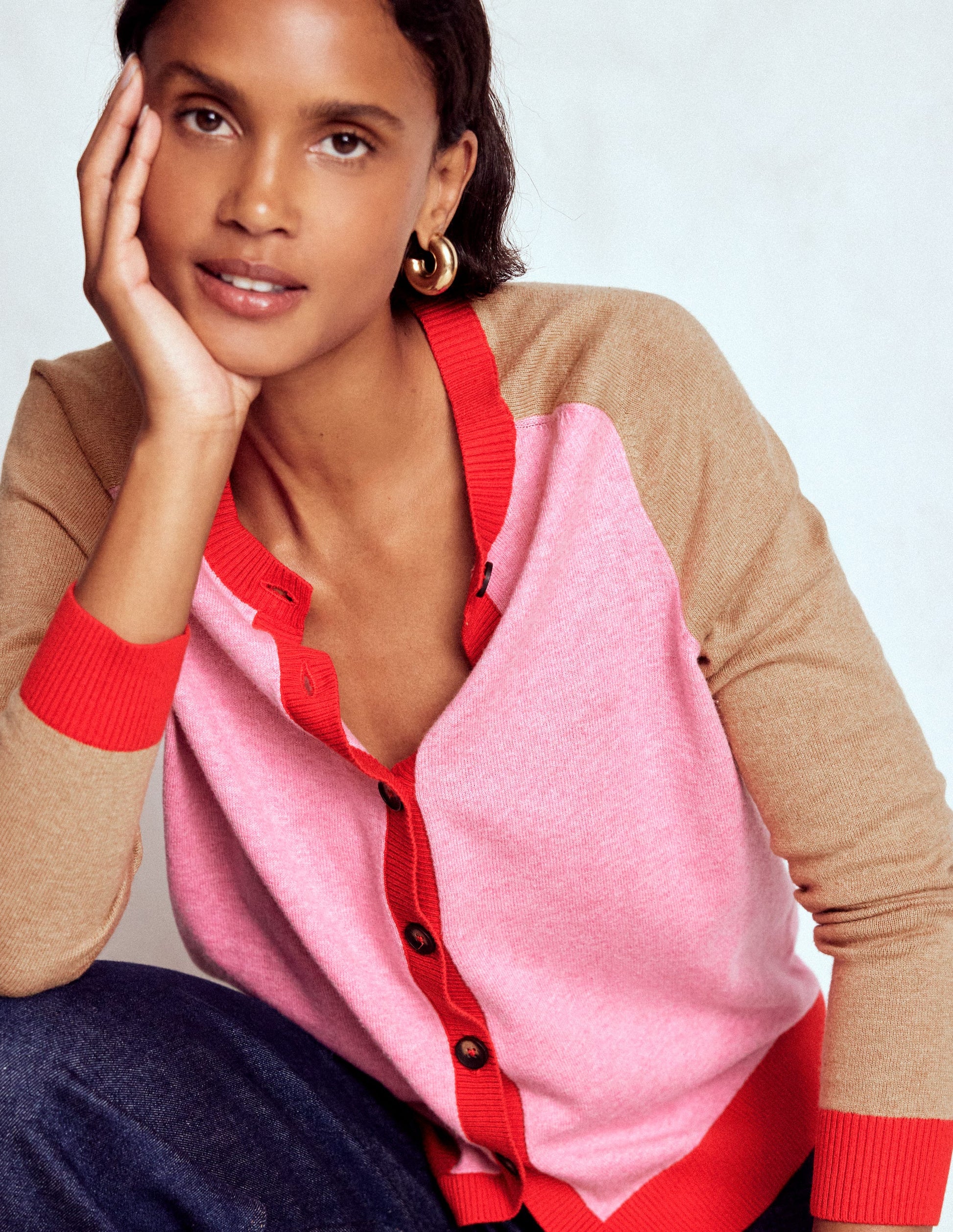 Meg Raglan Sleeve Cardigan-Camel, Pink Colour Block-2