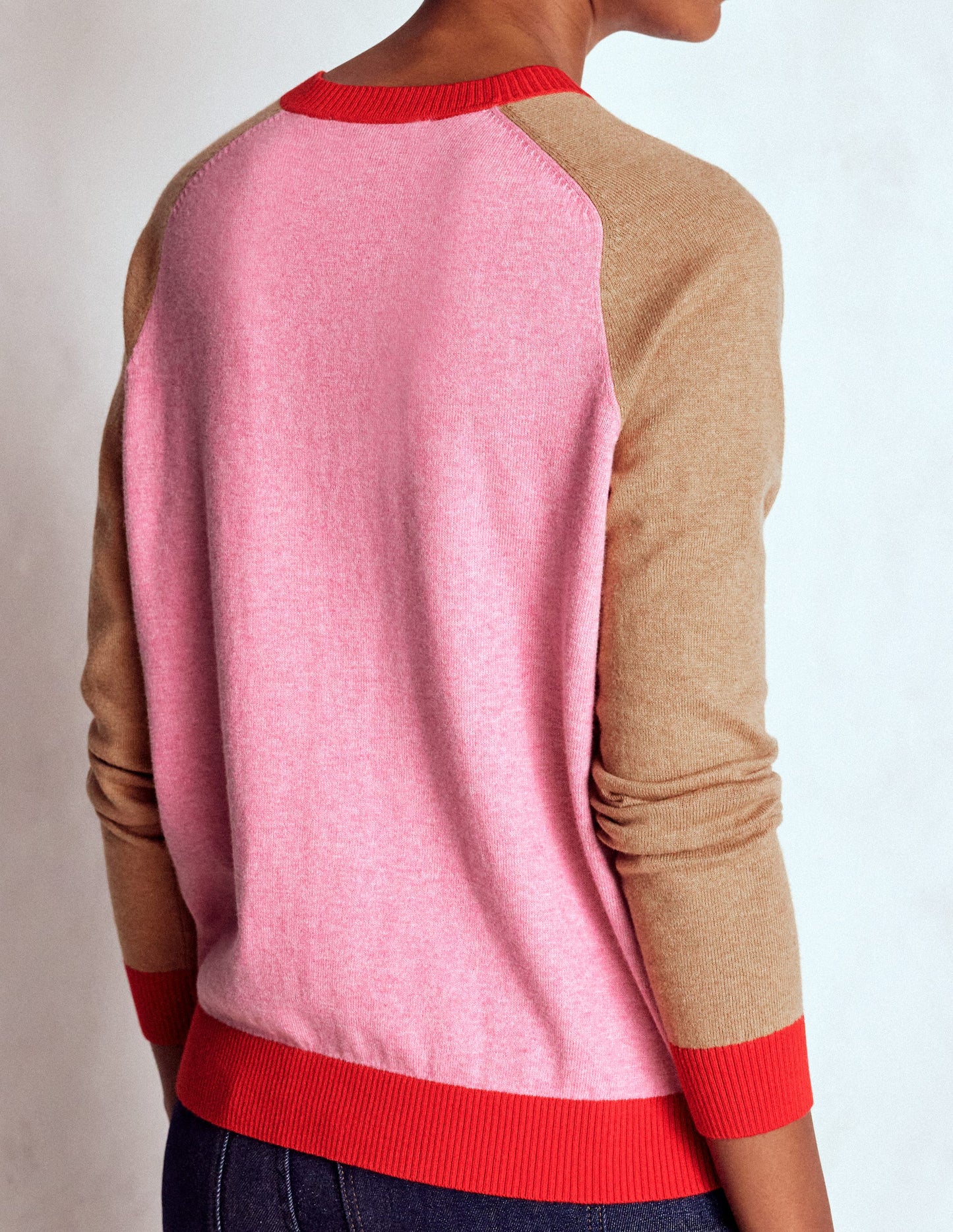 Meg Raglan Sleeve Cardigan-Camel, Pink Colour Block