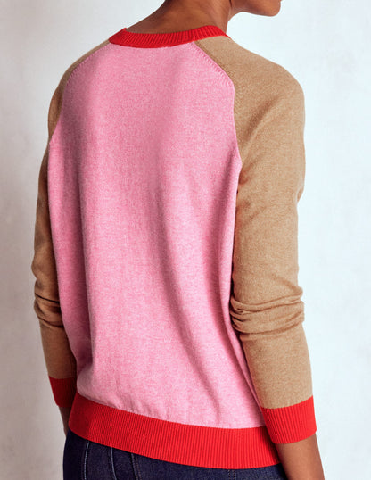 Meg Raglan Sleeve Cardigan-Camel, Pink Colour Block-3