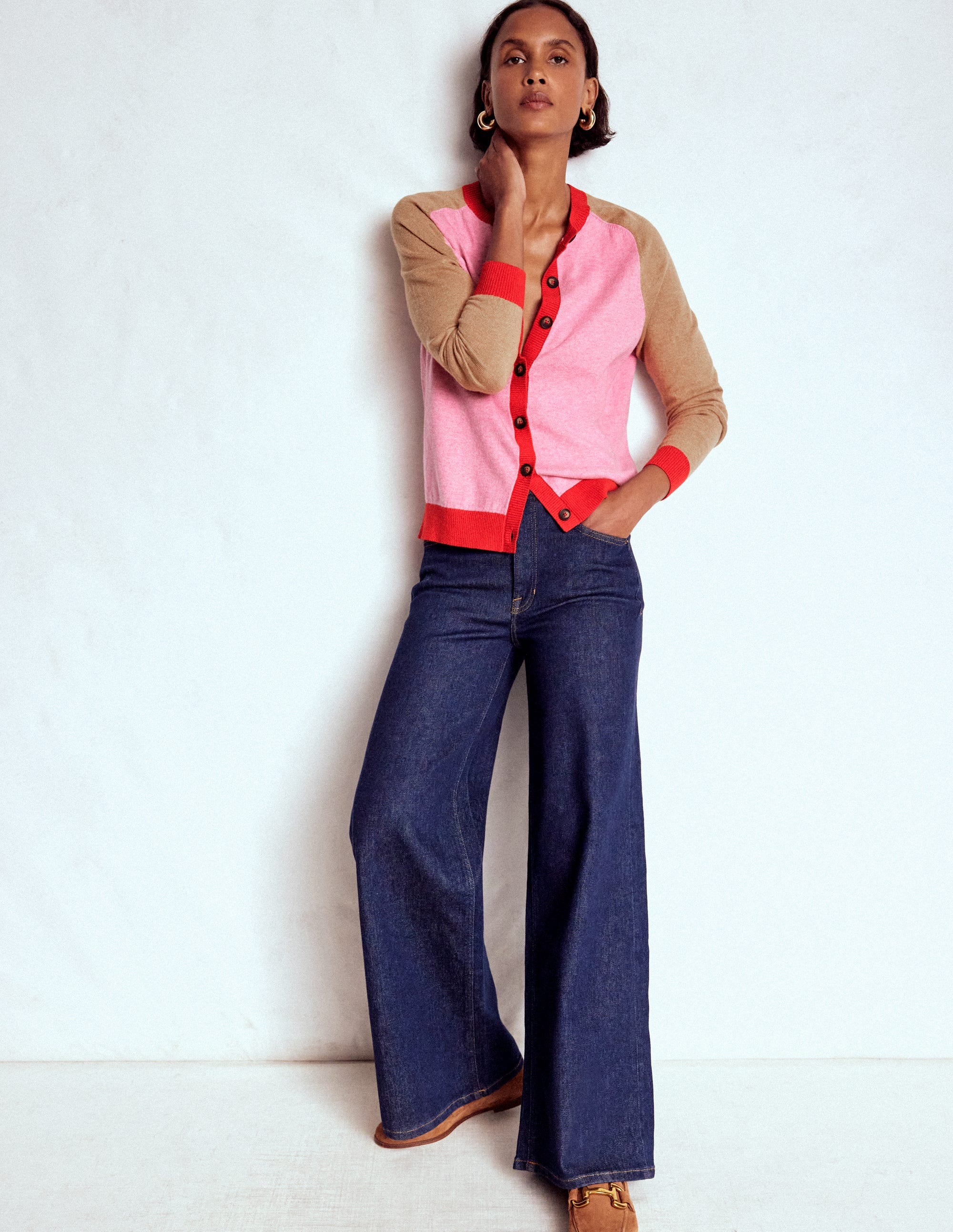 Meg Raglan Sleeve Cardigan-Camel, Pink Colour Block - Image 4