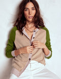 Meg Raglan Sleeve Cardigan-Oatmeal, Green Colour Block