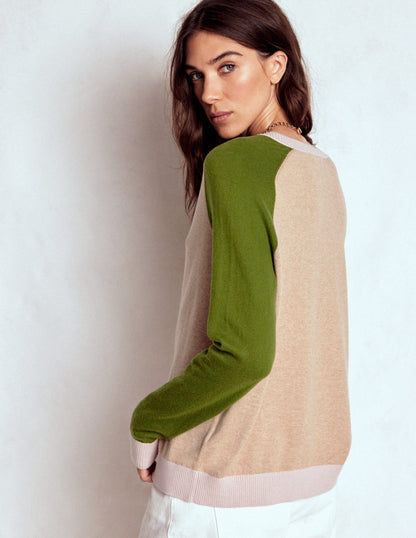 Meg Raglan Sleeve Cardigan-Oatmeal, Green Colour Block-3