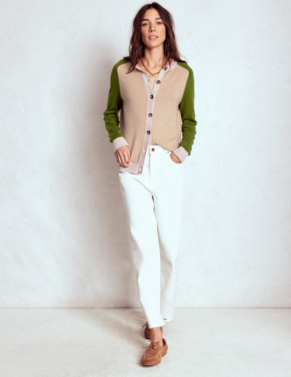 Meg Raglan Sleeve Cardigan-Oatmeal, Green Colour Block-4