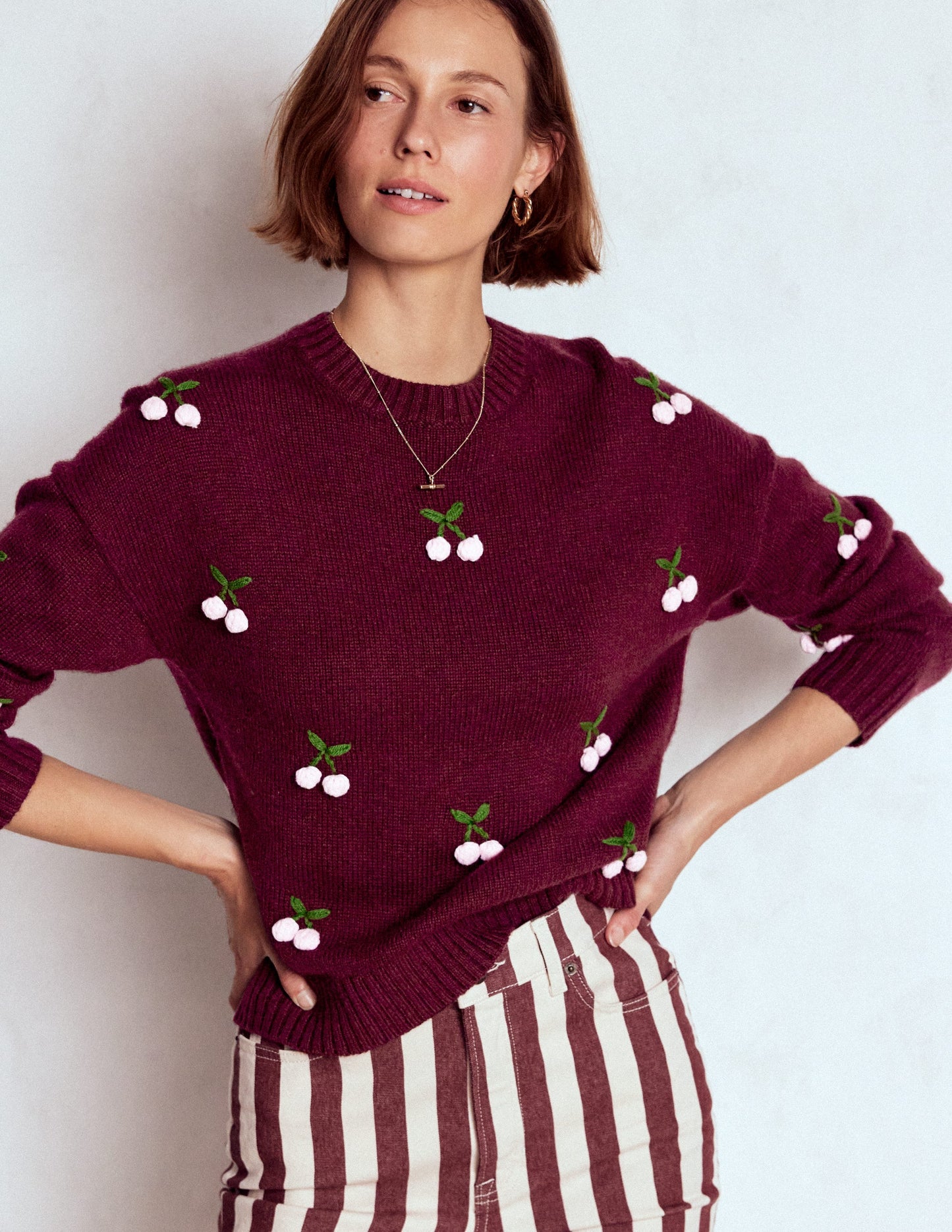 Natalie Embroidered Sweater-Chestnut Melange, Cherry