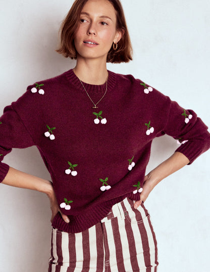 Natalie Embroidered Sweater-Chestnut Melange, Cherry-1