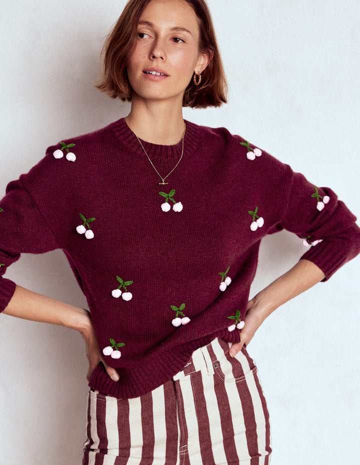 Natalie Embroidered Sweater-Chestnut Melange, Cherry