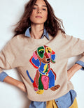 Natalie Embroidered Sweater-Oatmeal Melange, Daschund