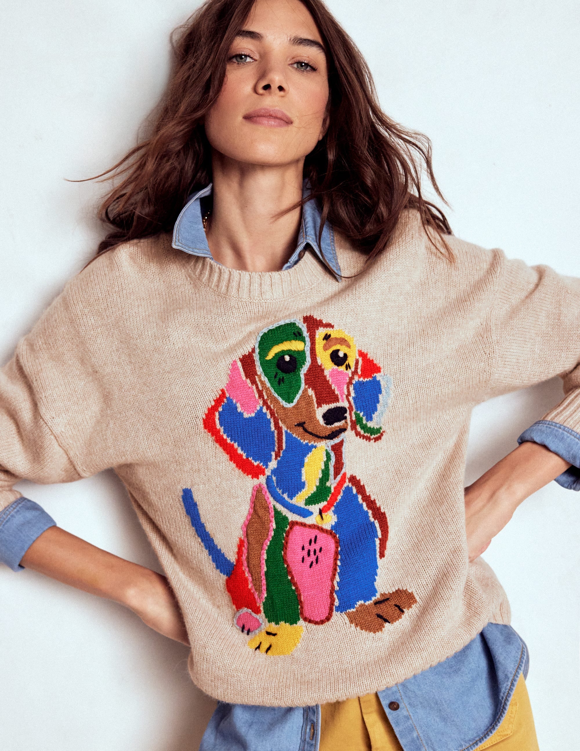 Natalie Embroidered Sweater-Oatmeal Melange, Daschund - Image 1