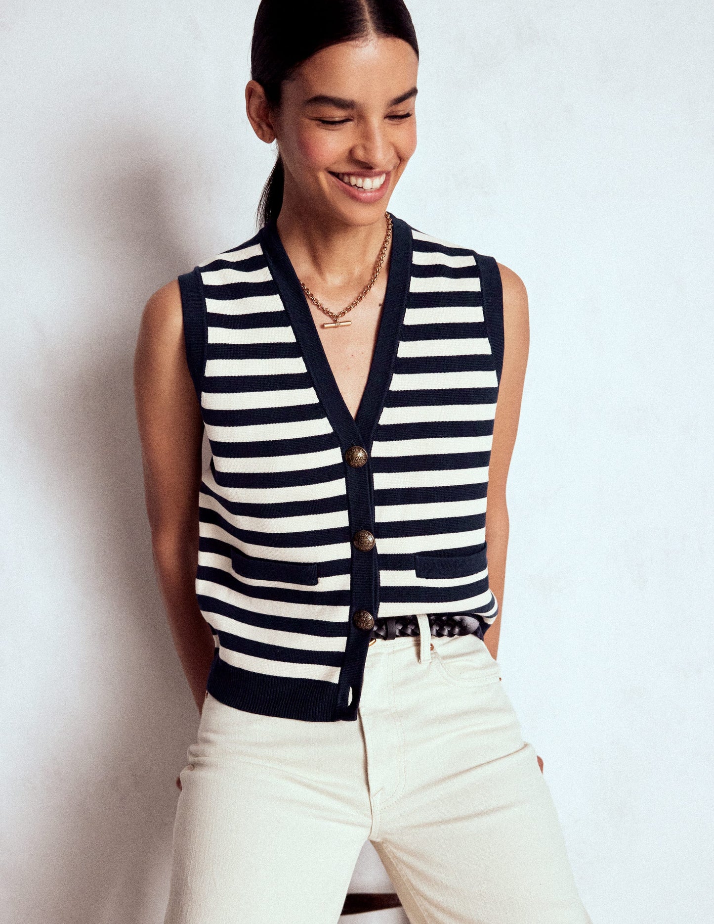 Holly Knitted Waistcoat-Navy and Ivory Stripe