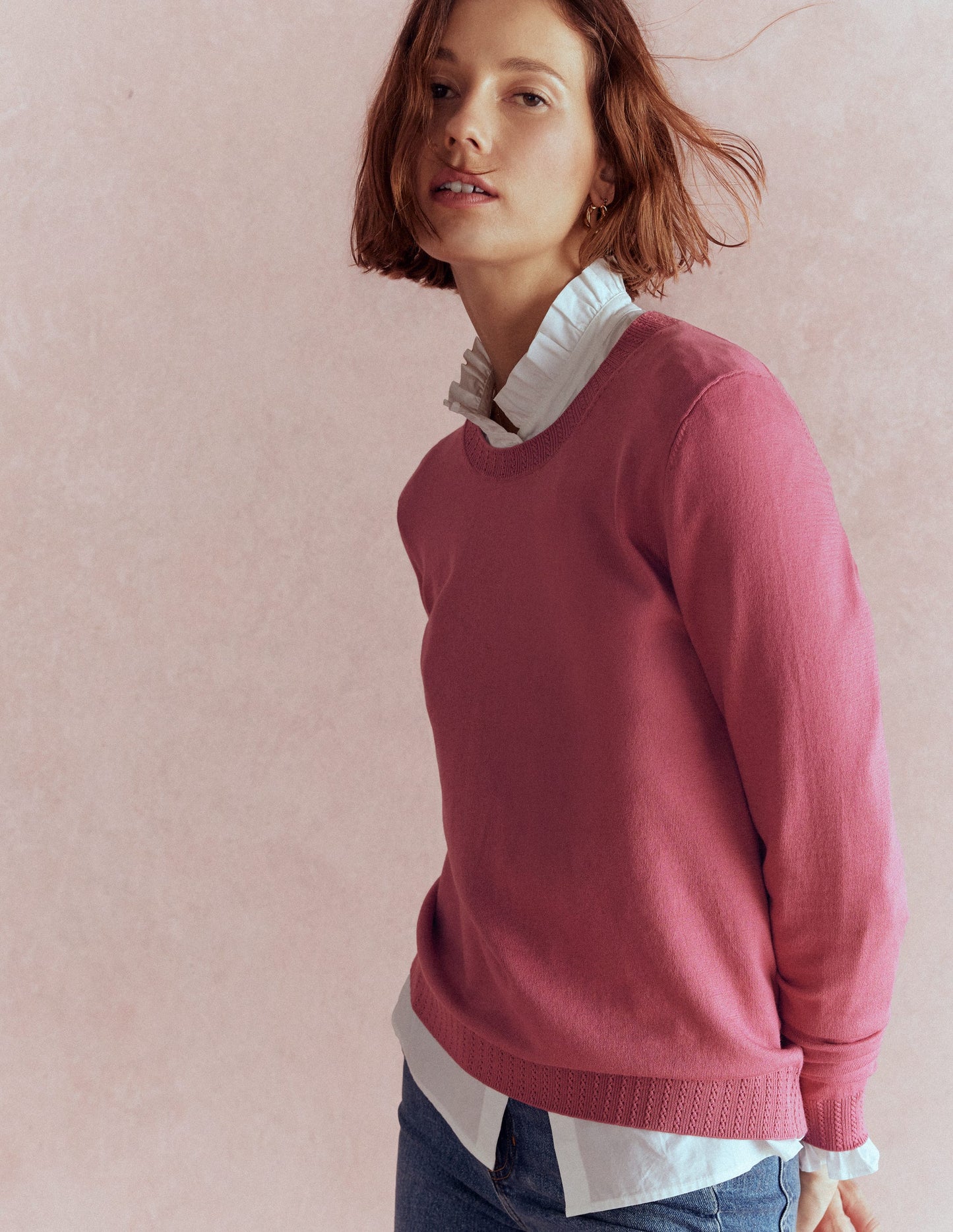 Emilia Cotton Crew Sweater-Pink Heather