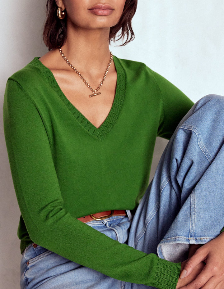 Emilia Cotton V Neck Sweater-Promenade Green
