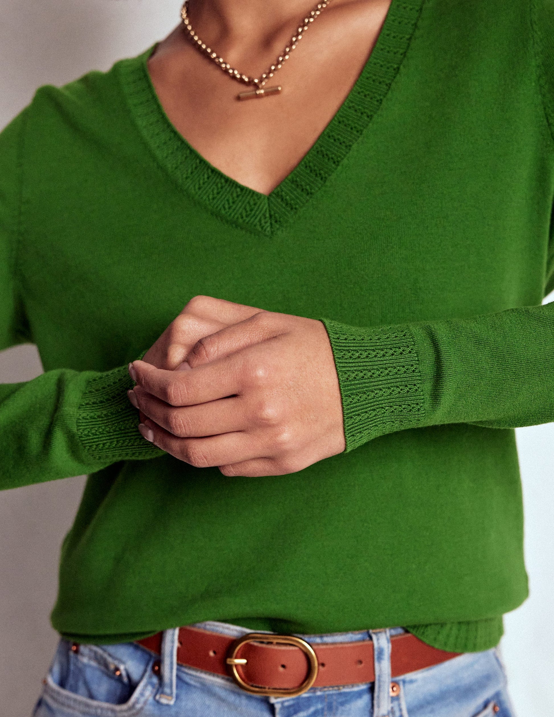 Emilia Cotton V Neck Sweater-Promenade Green-2