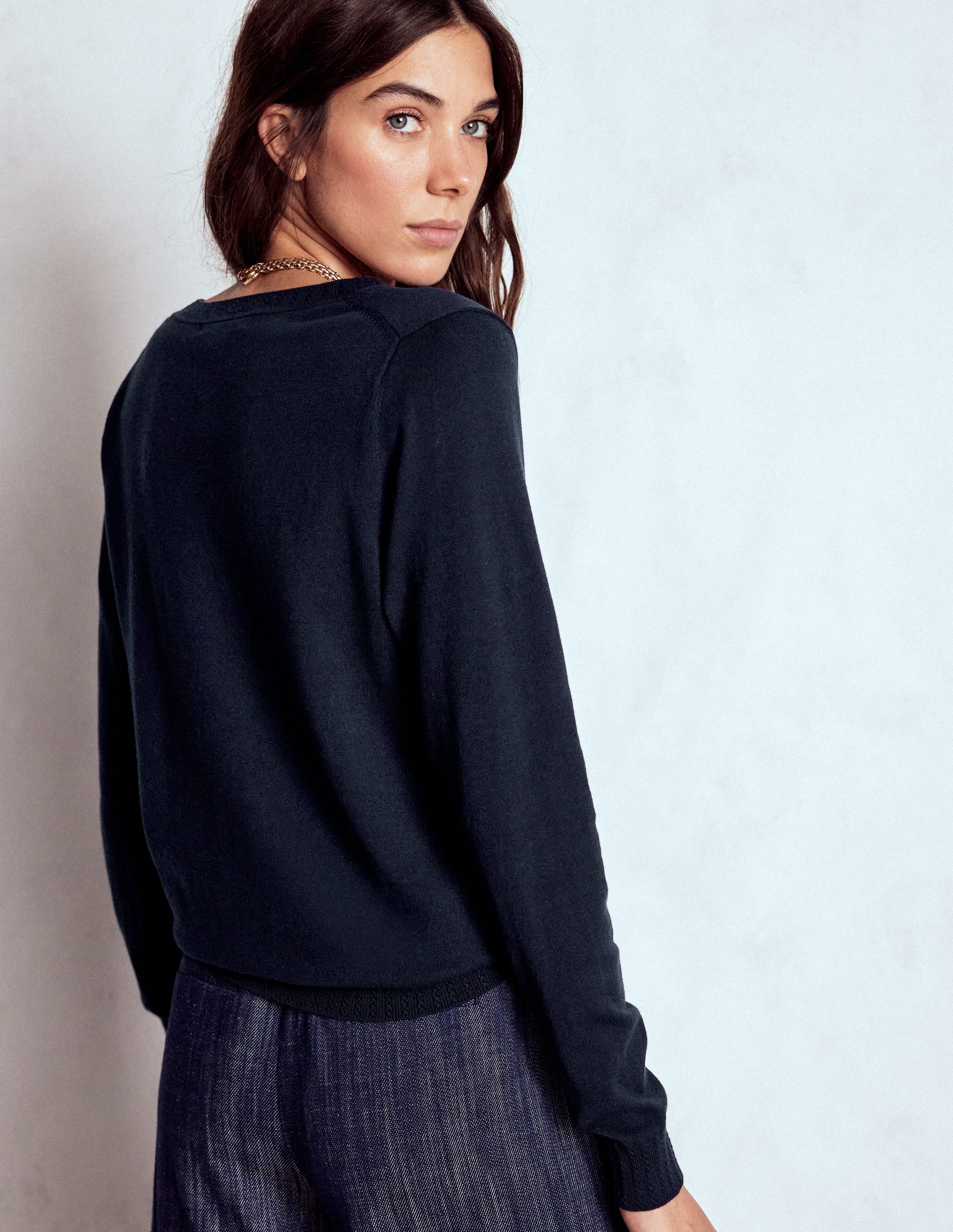 Emilia Cotton V Neck Sweater-Navy | Boden USA