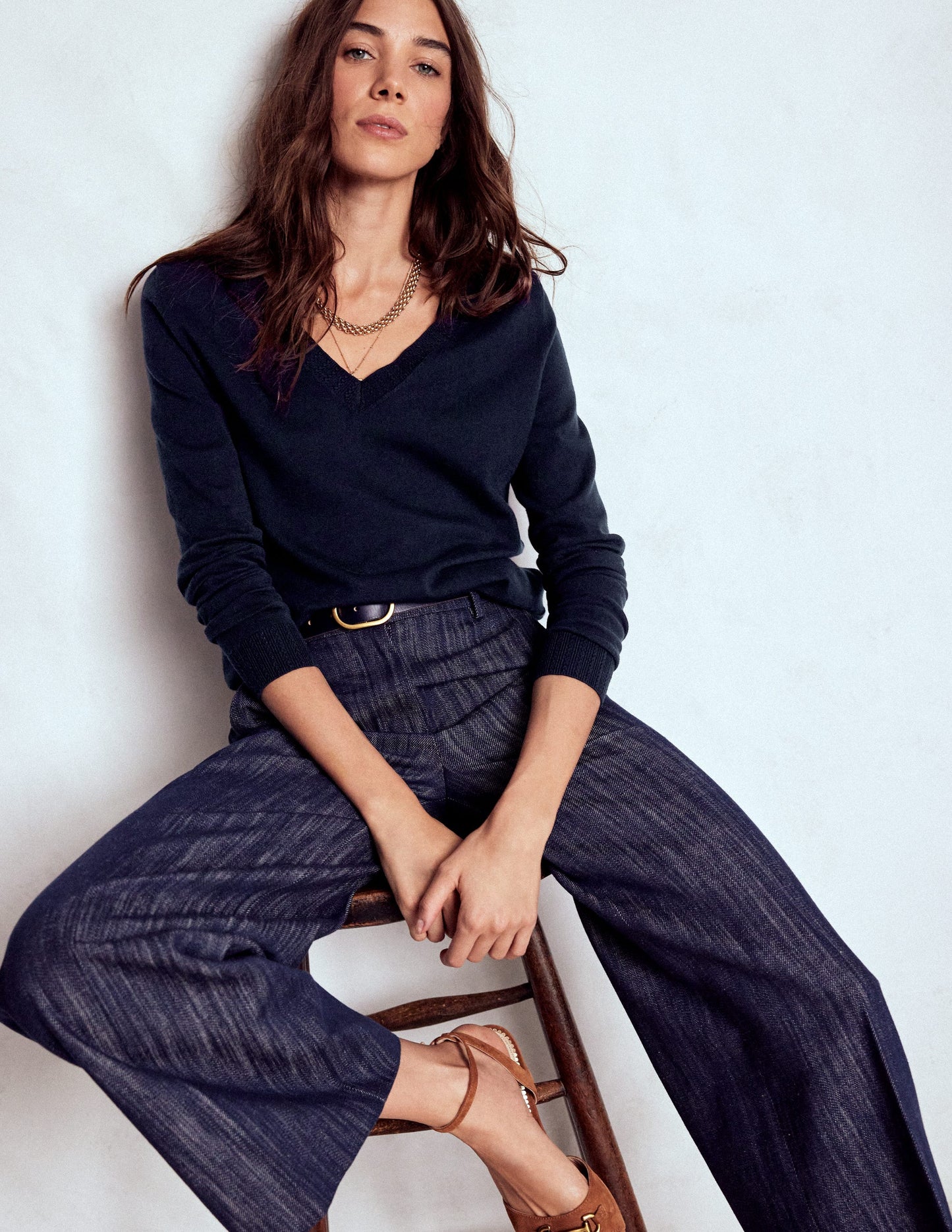 Emilia Cotton V Neck Sweater-Navy